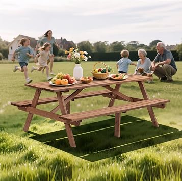 8-Person Wooden Picnic Table,Sturdy Outdoor Garden Dining,Set with 2 Built-in Benches - Perfect for Family Gatherings & Camping,220lb Capacity-Brown