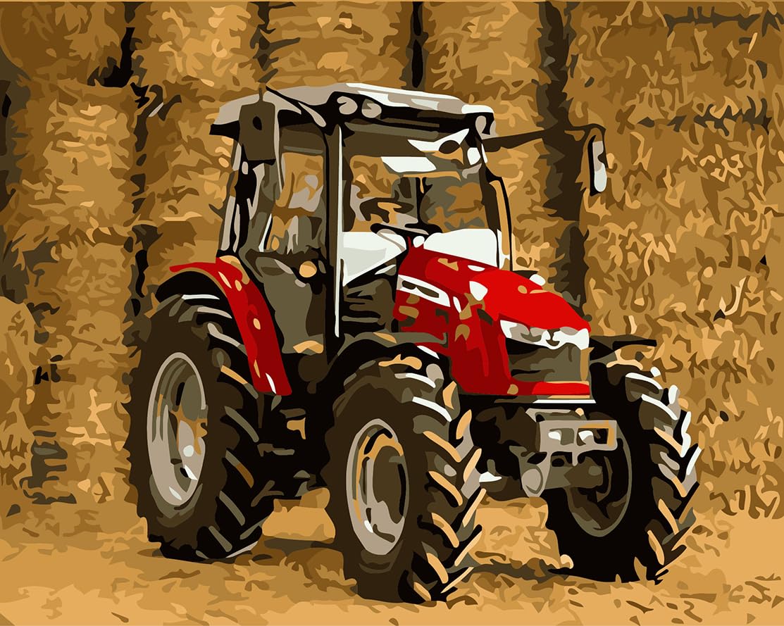 Shukqueen Paint by Numbers for Adults DIY Oil Paint by Number Adult Kit Paint by Numbers Adult Beginner Red Tractor by Haystack 24x30 Inch (Frameless)