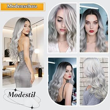 Grau Ombre Perücke Damen Lang 27 Zoll Silber Grau Lang Lockig Perücke für einen Atemberaubenden Look Ombre Grau Lang Wellig Perücken Perfekt für Halloween Karneval Cosplay & Tägliche Mode