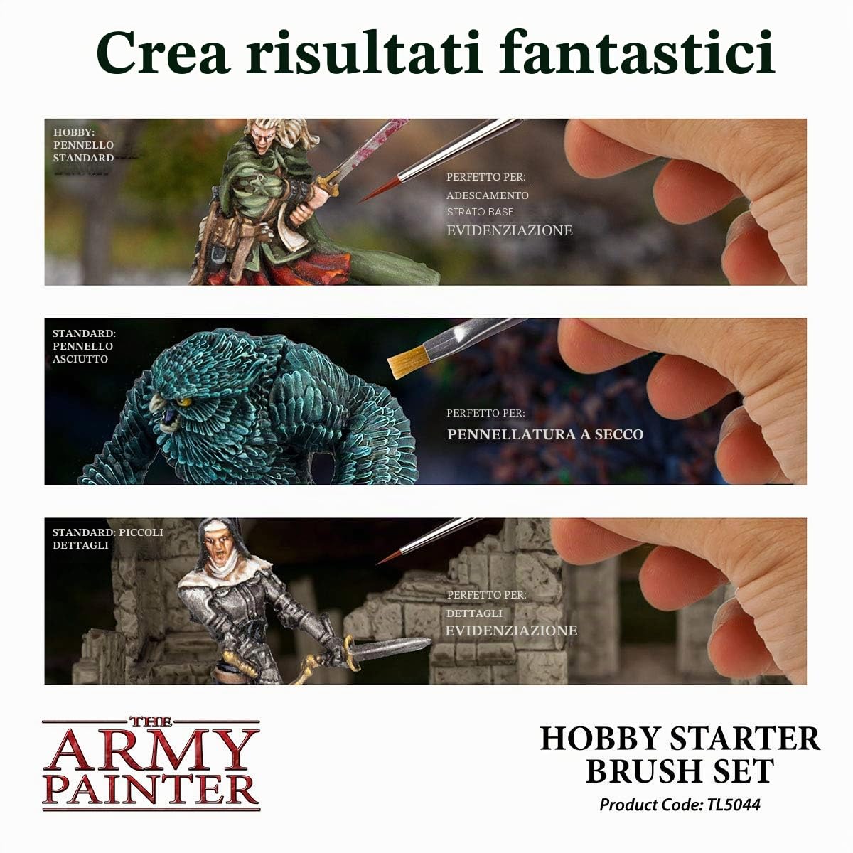 The Army Painter Hobby Starter Brush Set di 3 pennelli per colori acrilici, hobby Drybrush, Hobby Small Detail Brush e Hobby Standard Brush, pennello fine per pittura fantasy in miniatura