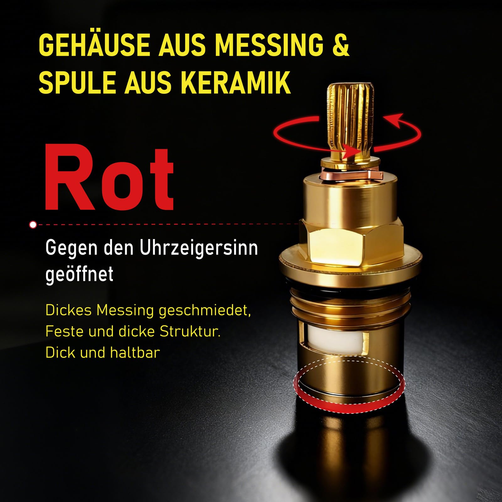 Cartouche À Disque En Céramique Et Laiton, Remplacement De Valve Quart De Tour 1/2 Pouce, Compatible Avec Les Robinets D'évier De Cuisine Et De Salle De Bain (53,5 Mm) (red)