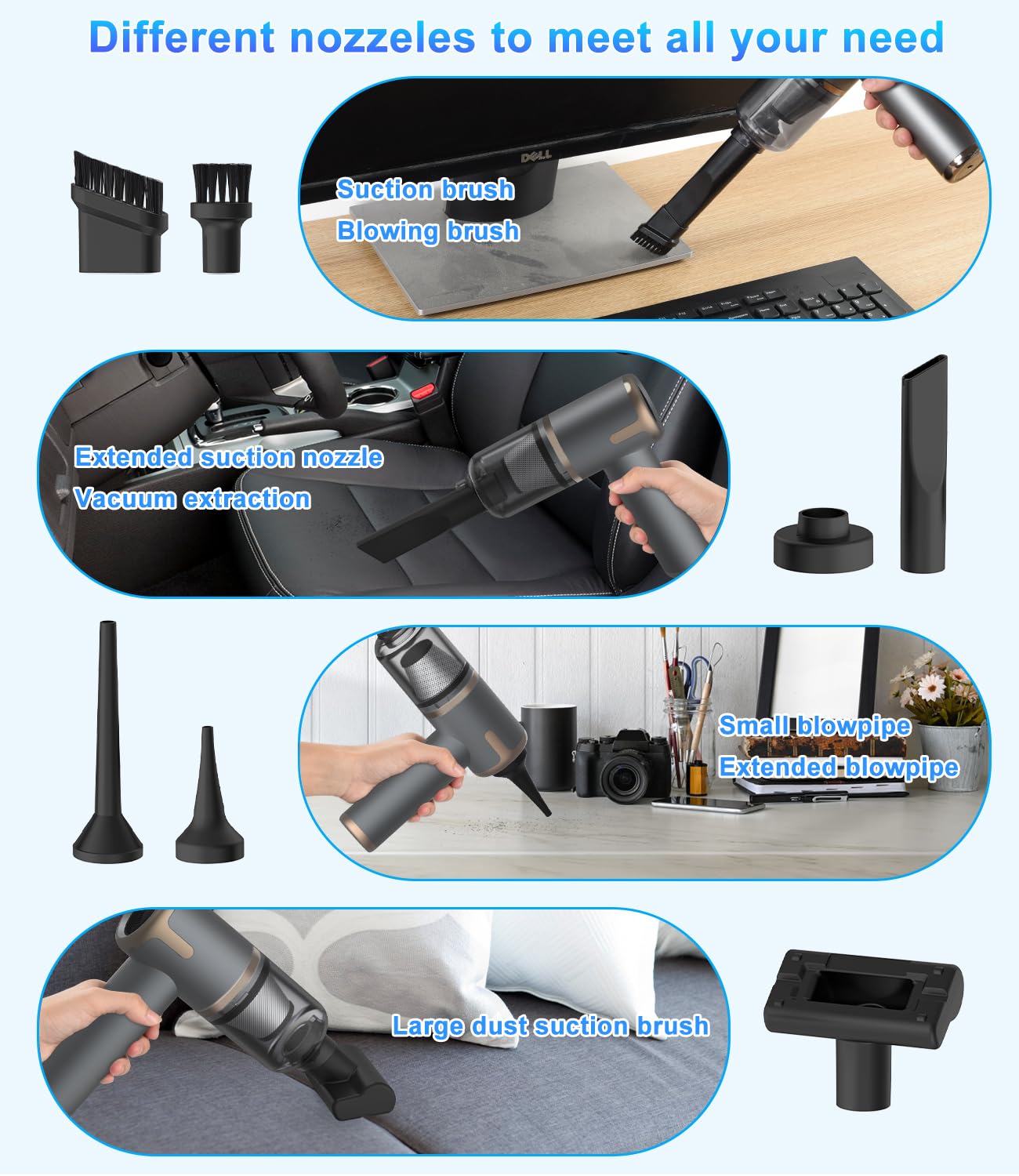 UTEBIT Mini Handstaubsauger, Handstaubsauger kabellos, Druckluft Elektrische Staubgebläse 3-in-1, Tastatur Reinigung, USB Schnellladung 6000PA Mini Staubsauger für Büro, Sofa, Auto zubehör Innenraum