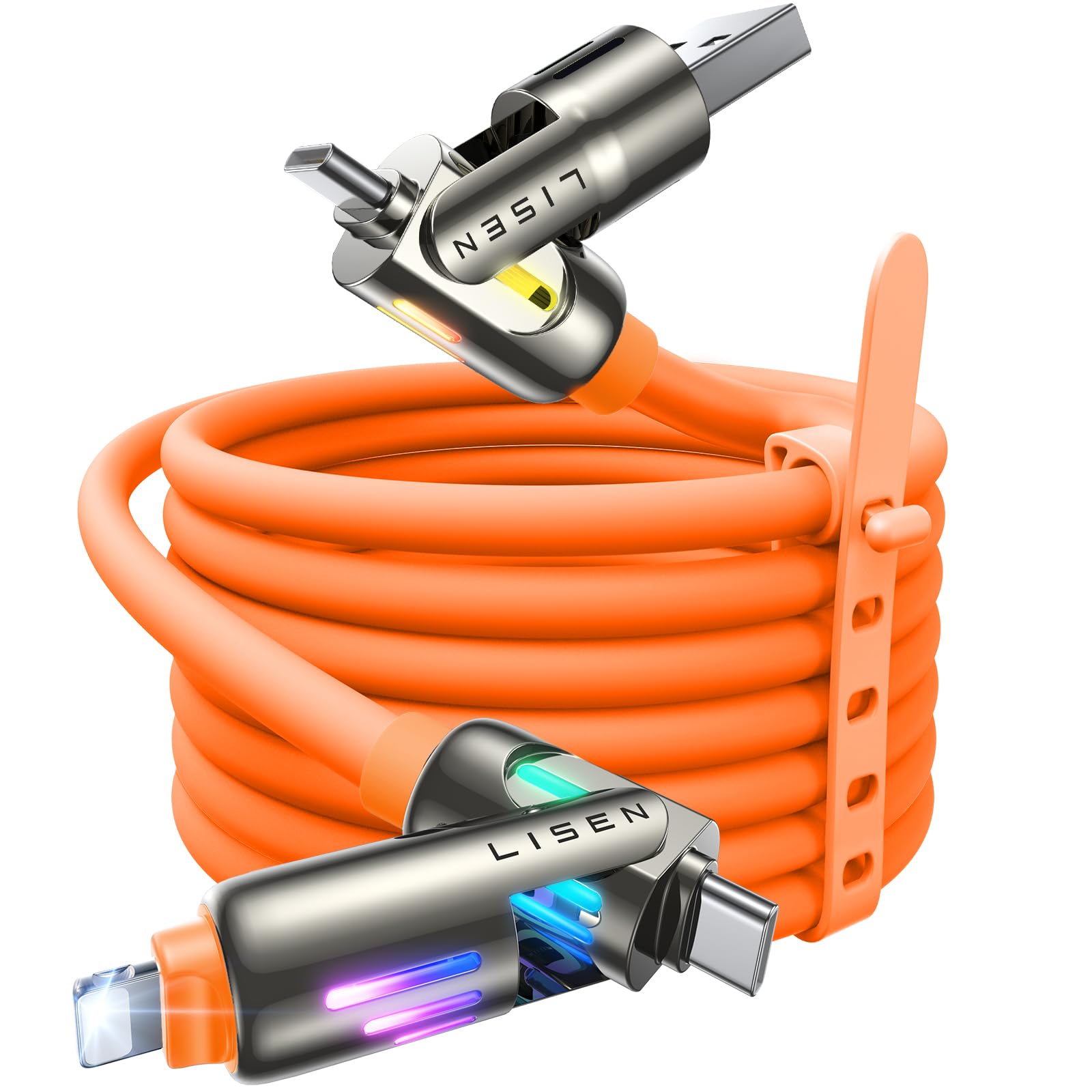 LISEN USB C to Lightning Cable, 240W 4 in 1 Charging Cable 6.6FT, Chubby USB A/C to C/Lightning with Light for iPhone Charger Fast Charging iPhone Air 17 16 15 14 Pro/MacBook/iPad, Orange