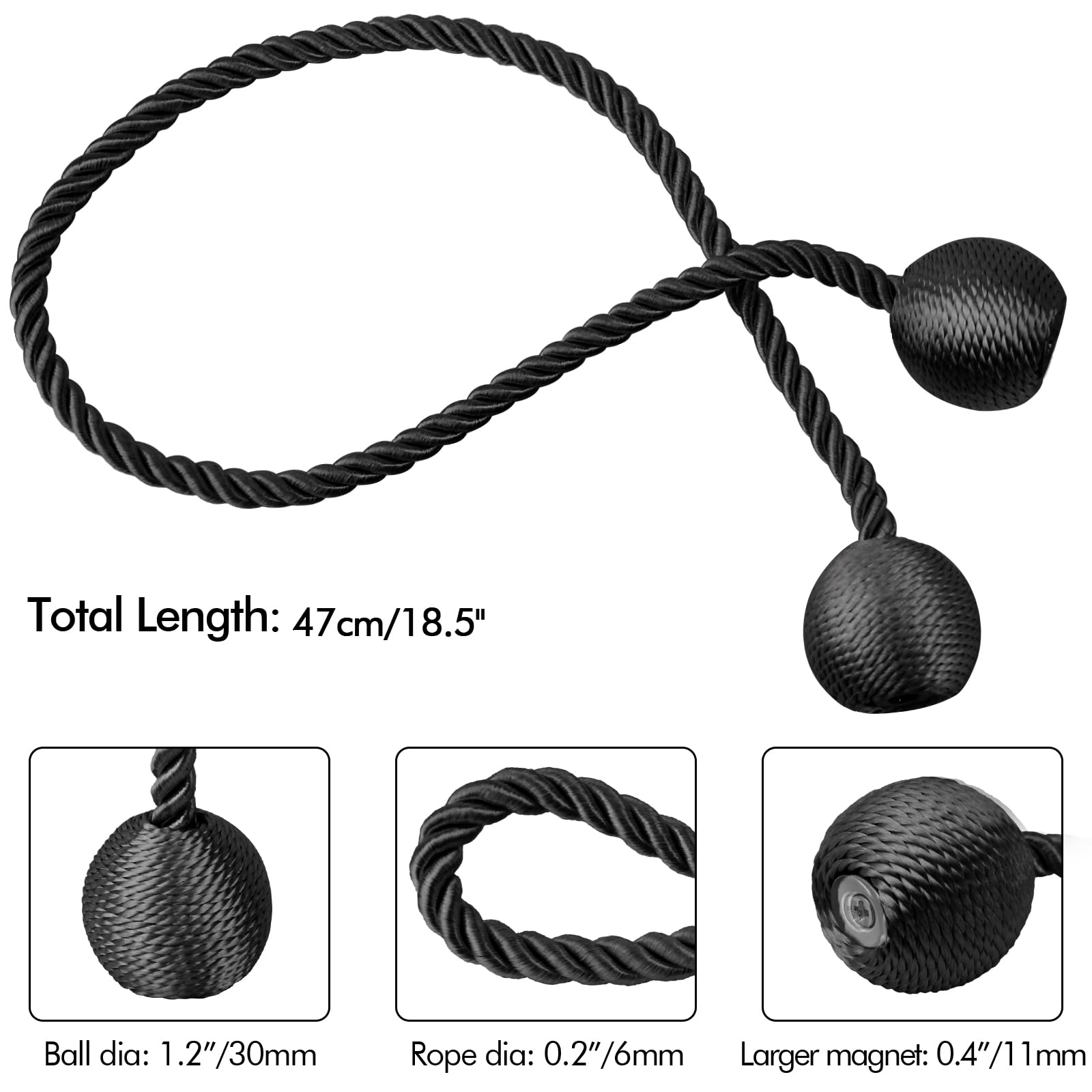 Lunhoo 2 Pack Magnetic Curtain Tiebacks, Curtain Holdbacks, Curtain Ties for Home Bedroom Office Decorative (Black) - Image 4
