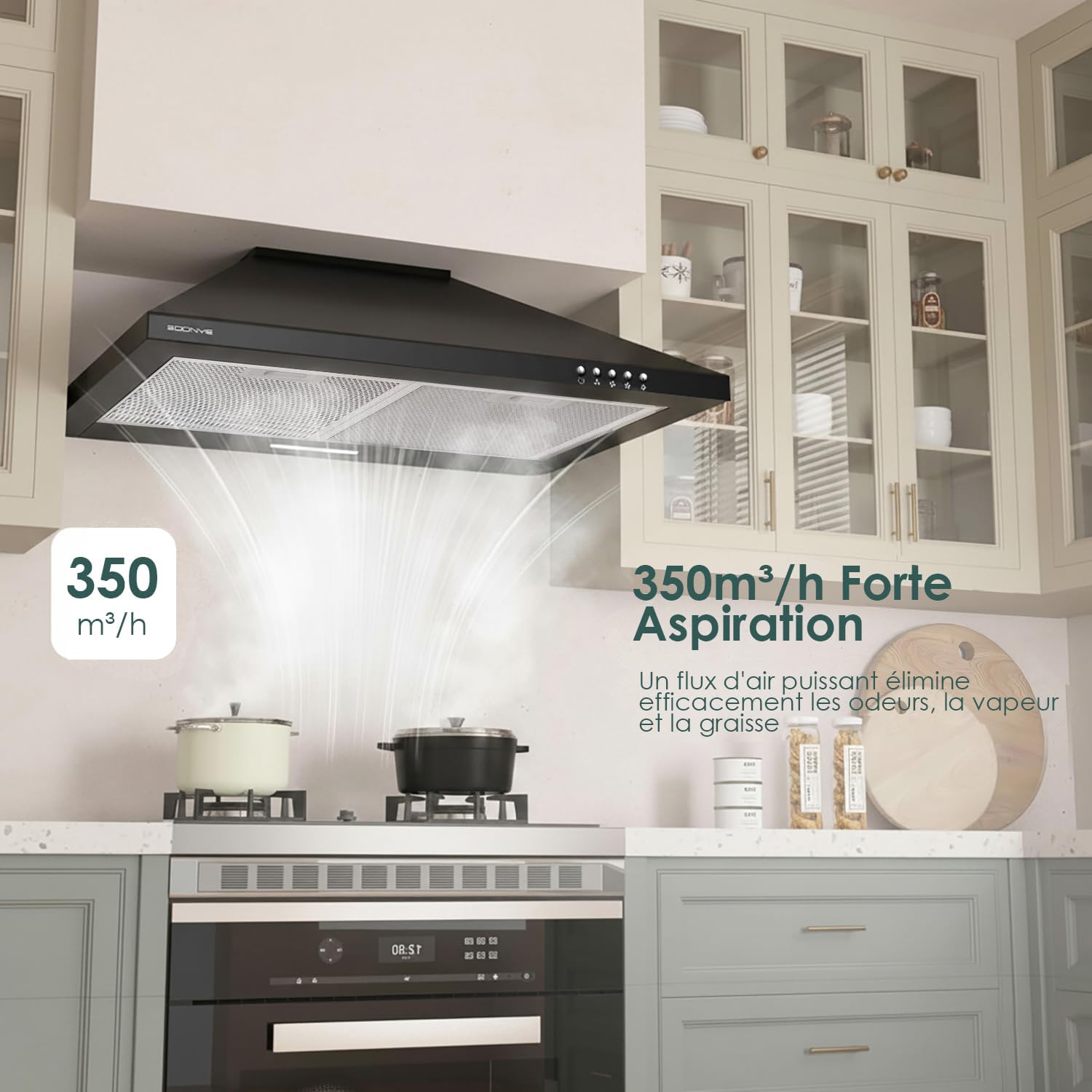 Hotte Aspirante 60cm Classe A, Hotte Cuisine 350m³/h,Évacuation ou Recyclage,Filtre au Charbon Inclus,Hotte Murale,Noir