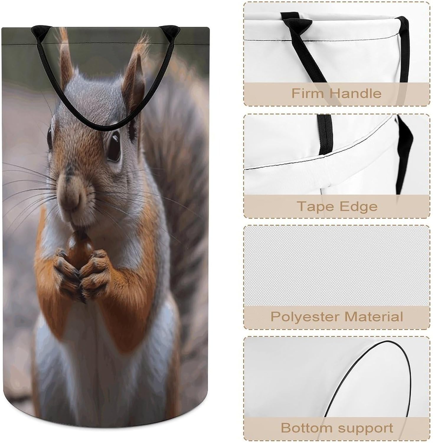 Cute Squirrel Laundry Hamper with Handles Waterproof Collapsible Laundry Basket Large Lightweight Round Dirty Clothes Hamper for Home Dorm Bathroom Decor