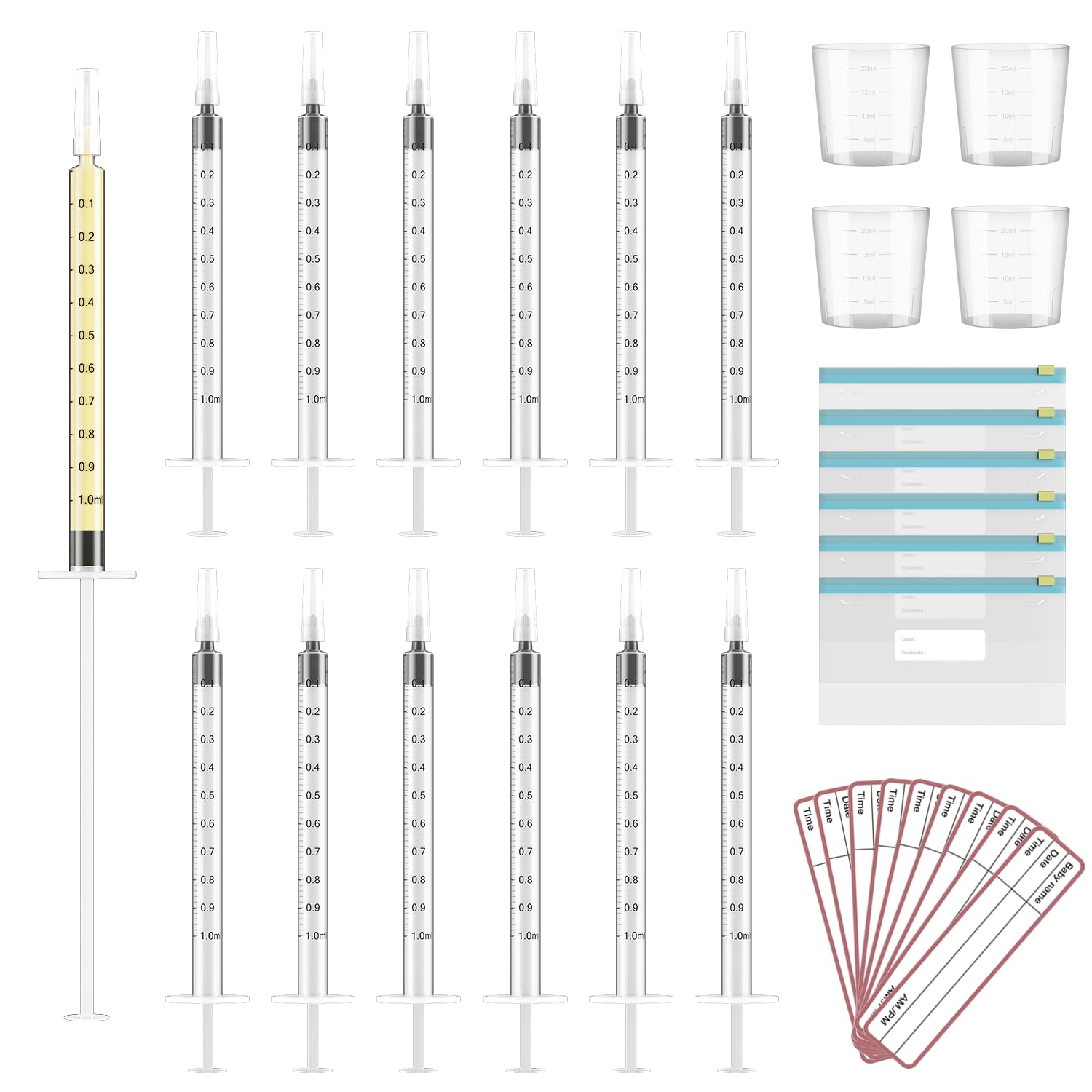 60 Sets 1Ml Colostrum Collector Kit Include 60 1ml No Needle Sterile Syringes with Cap, 4 Measuring Cup, 6 Zip-Lock Storage Bags, 60 Labels for Breast Milk Collector