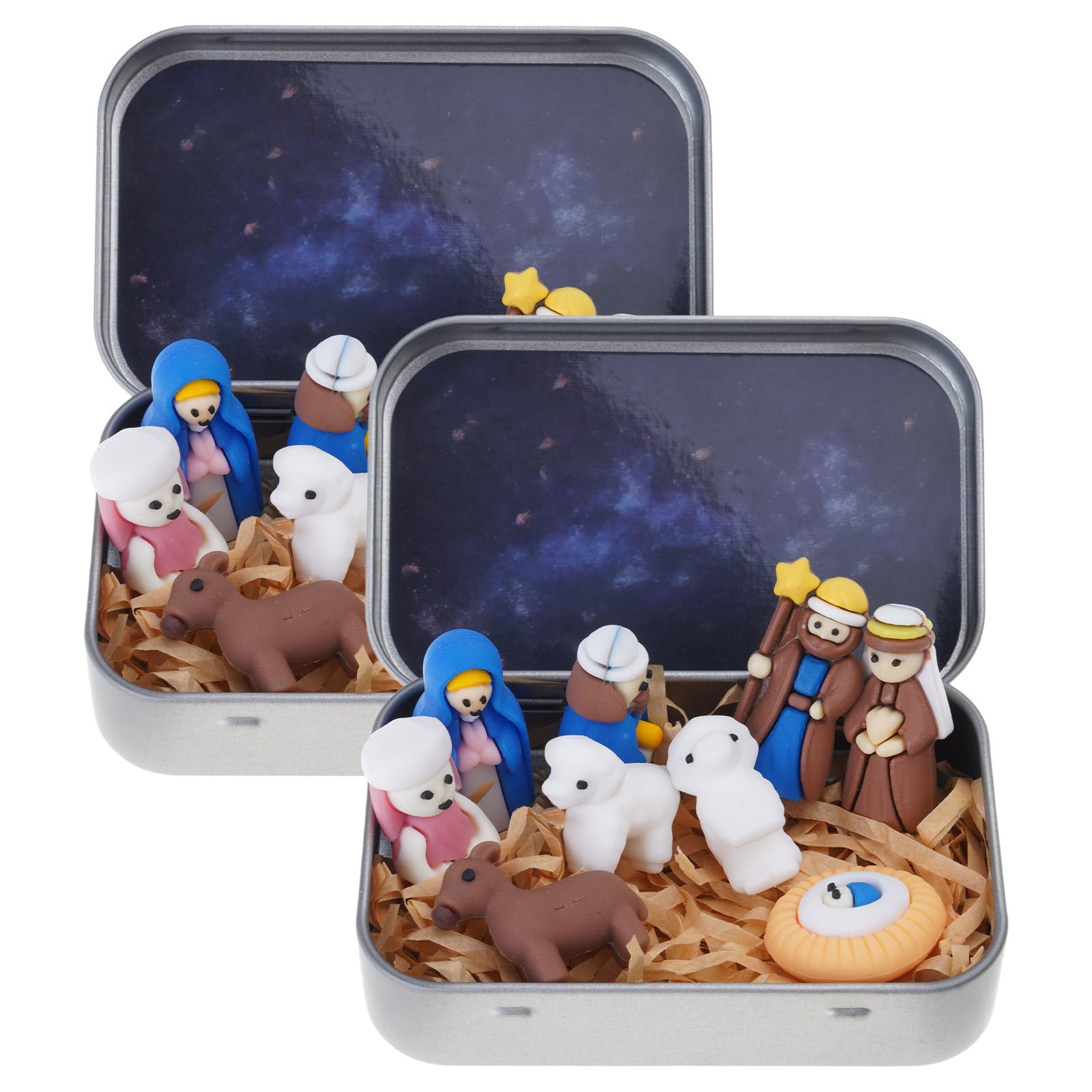 Piceioep Sized Christmas Bethlehem Scene Ornament Handcrafted PVC Design Nativity Scene for Year End Celebrations Display Sustainable Nativity in a Tin Box