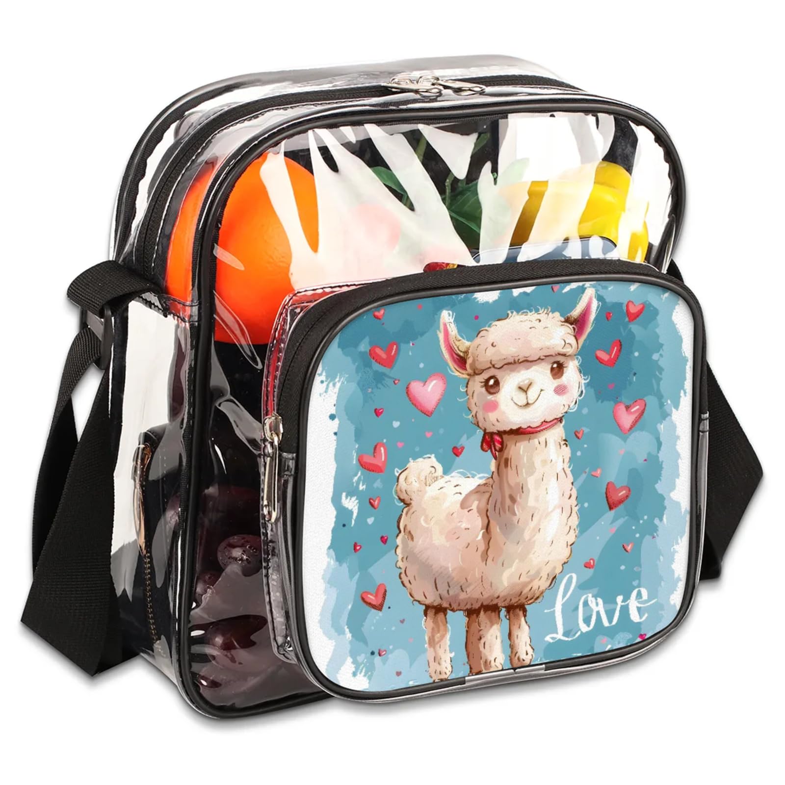 Clear Crossbody Bag Stadium Approved Alpaca White Transparent Bag for Festivals, Sports Events, Concerts,Beach Bag for Women Men Clear Purse with Front Pocket Messenger Bag with Adjustable Strap