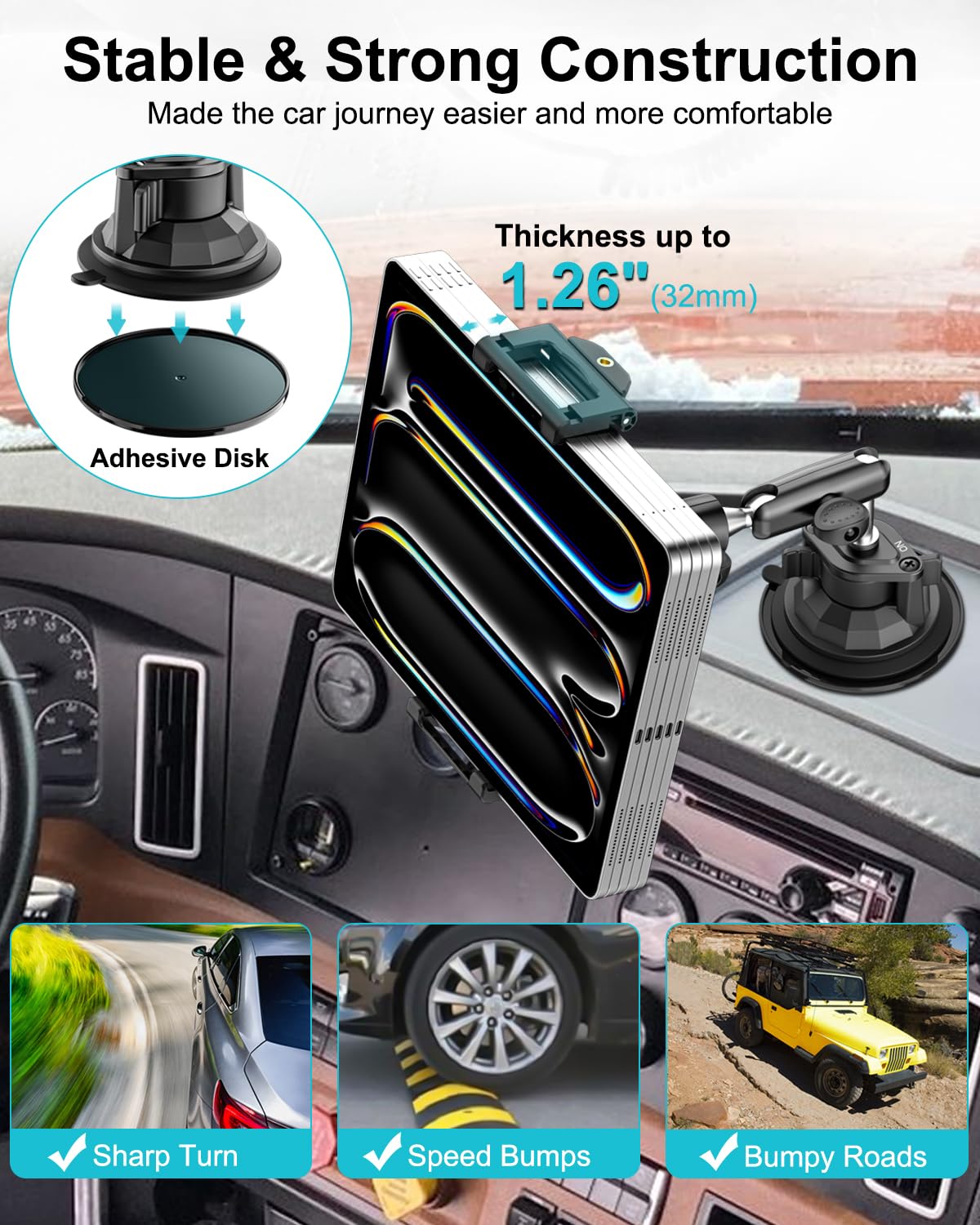 Schwerlast Tablet Halterung Auto Windschutzscheib, [Bis zu 15,6"] Super Vakuum Saugnapf Tablet Halter LKW, Armaturenbrett Klammer für iPad Pro Air Mini, Galaxy Tab, Handy, 6,1-15,6" Geräte