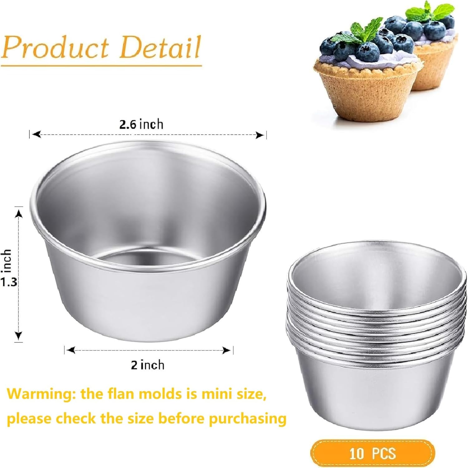 Geiserailie 10 Pieces Individual Flan Molds Egg Tart Molds Pudding Cups Mini Chocolate Molten Pans Carbon Steel Cupcake Cake Cookie, Round Nonstick Popover Bakeware Tumblers(2.6 x 2 x 1.3 Inch) - Image 2