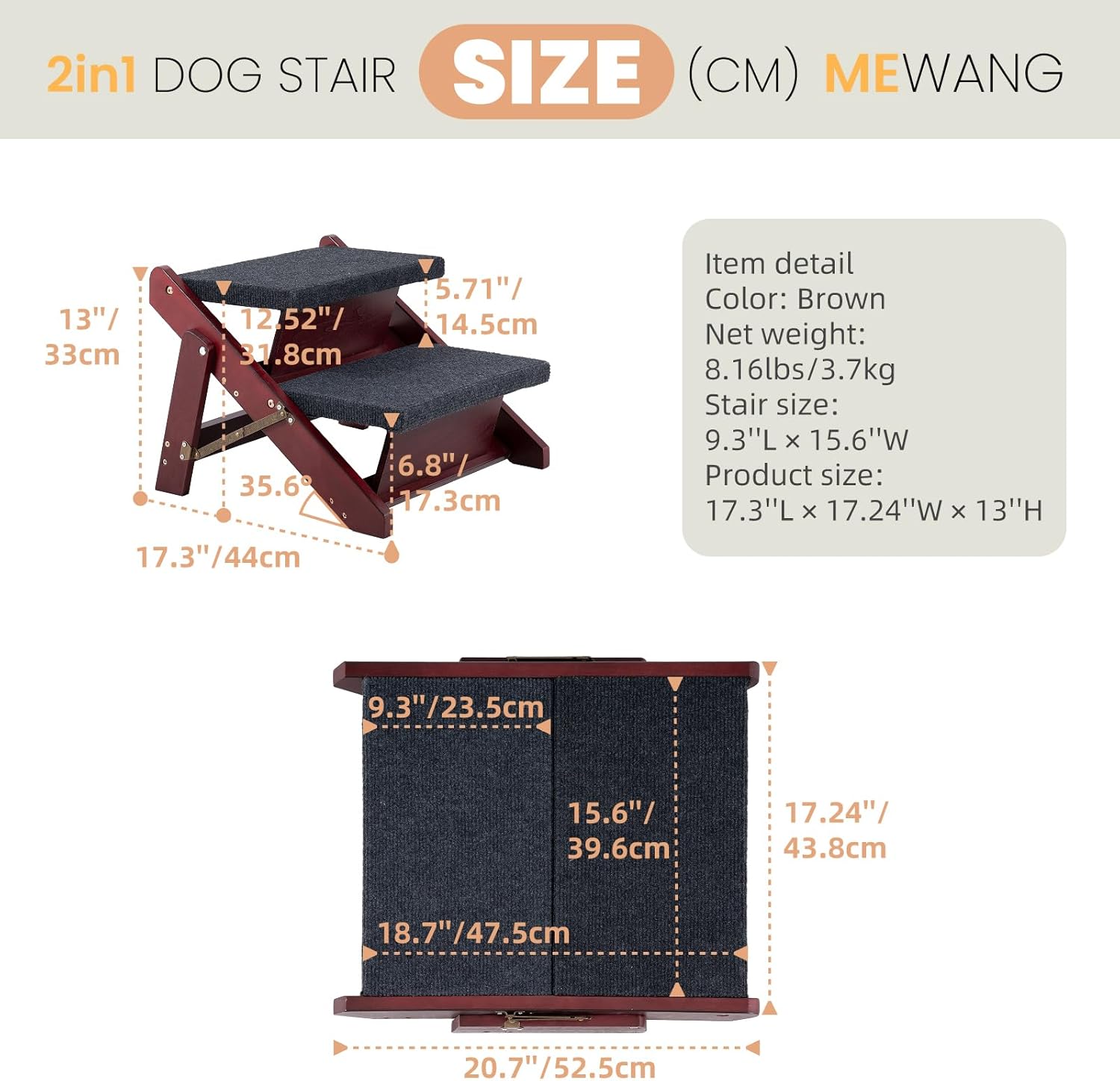 MEWANG Wooden Pet Stairs/Pet Steps - 2-in-1 Foldable Stairs & Ramp for Beds and Cars - Portable Dog/Cat Ladder Up to 110 Pounds - Great for Small and Older Animals(Brown) (17.3" L x 17.24" W x 13" H)