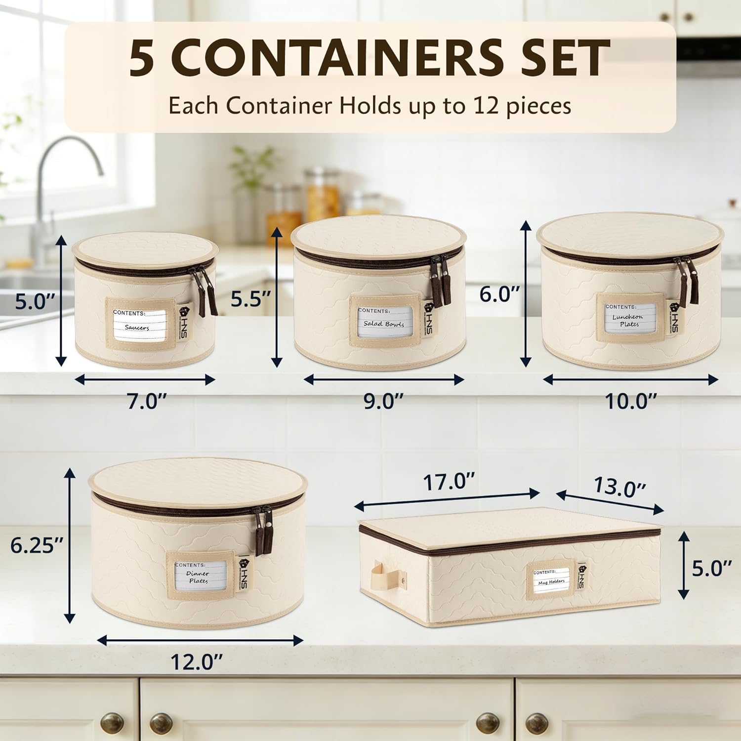China Storage Hard Shell Containers 5-Piece Set Moving Boxes for Dinnerware, Glasses, Plates, Mugs and Saucers Sturdy Dish Organizer with Dividers for Seasonal Storage - Service for 12 - Beige Quilted