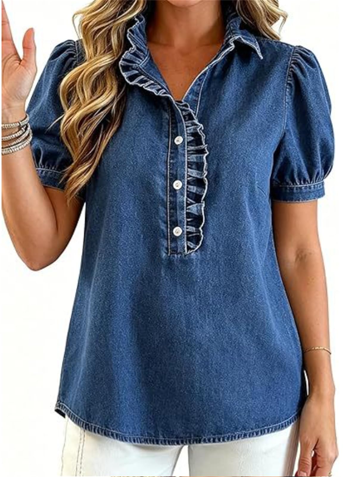 Blusa de Jean con Volantes y Botones para Mujer, Blusa de Mezclilla con Volantes, Manga Abullonada y Peplum, Blusas con Volantes para el Verano