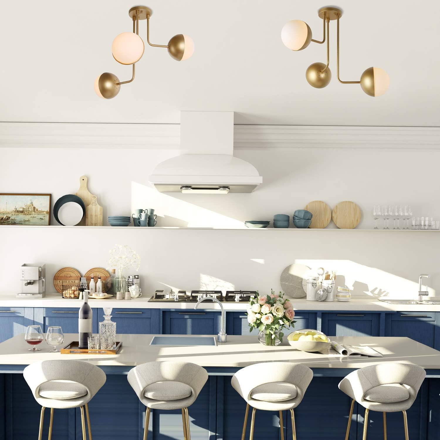 Crаzу Clеаrаnсе KSANA Gold Semi Flush Mount Ceiling Light with 3 Globe Shades for Dining Room, Kichen Island, W23.6xH22.8