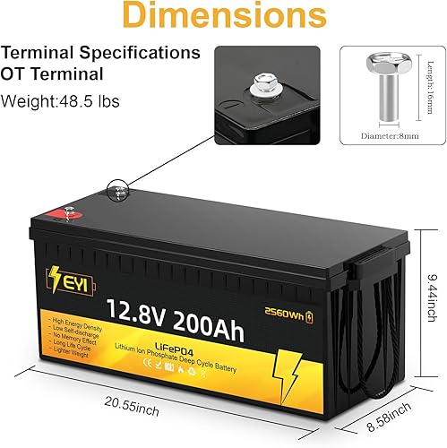 Miniatura 5 de Batería de litio LiFePO4 de 12 V 200 Ah 200 A, BMS, 5000+ batería de fosfato de hierro de litio de ciclo profundo para aplicaciones de RVCamper,