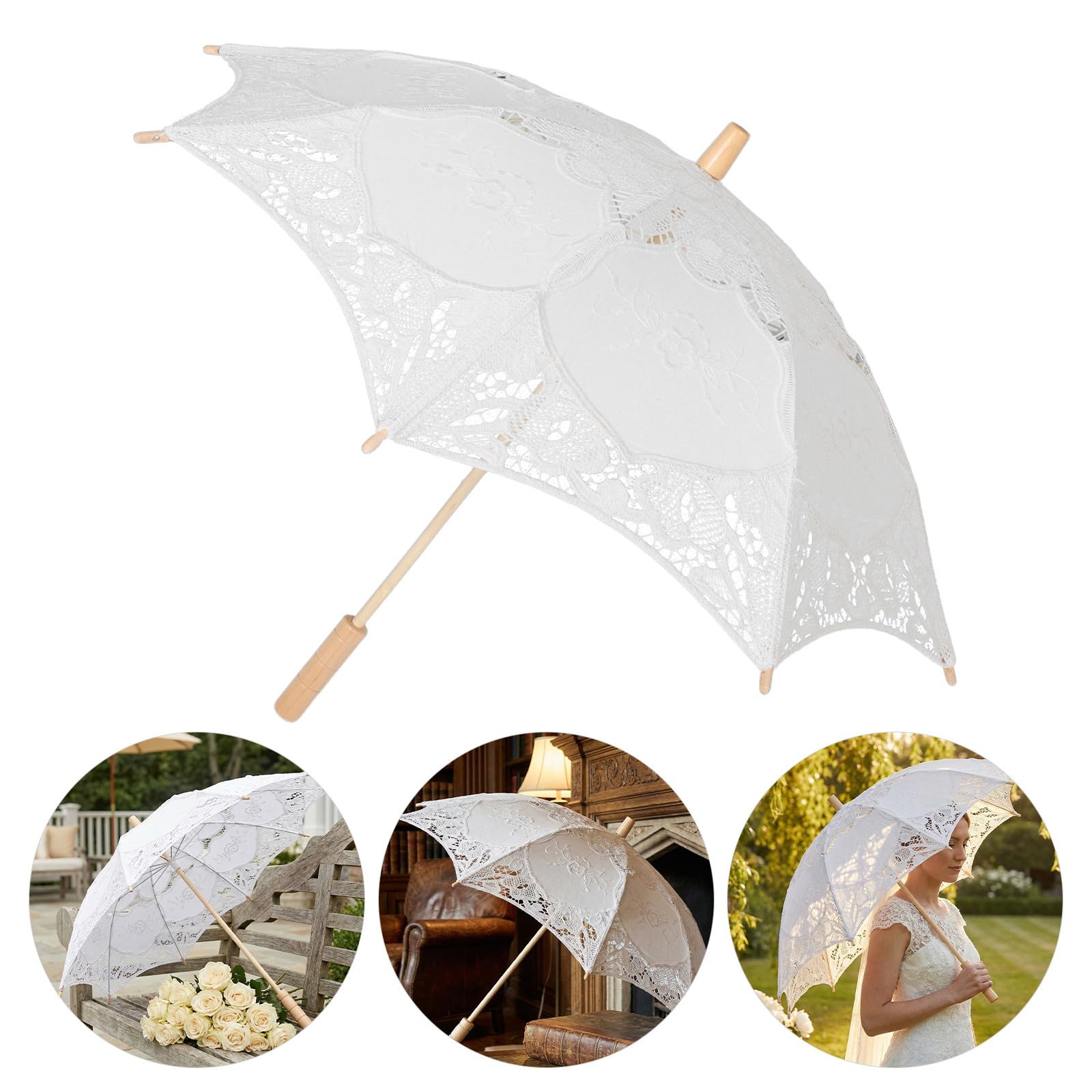 Eleganter Stück Weißer Spitze Hochzeitsspitzenschirm aus Holz Leicht und Vintage 4 und Braut Fotoshootings und Teepartys