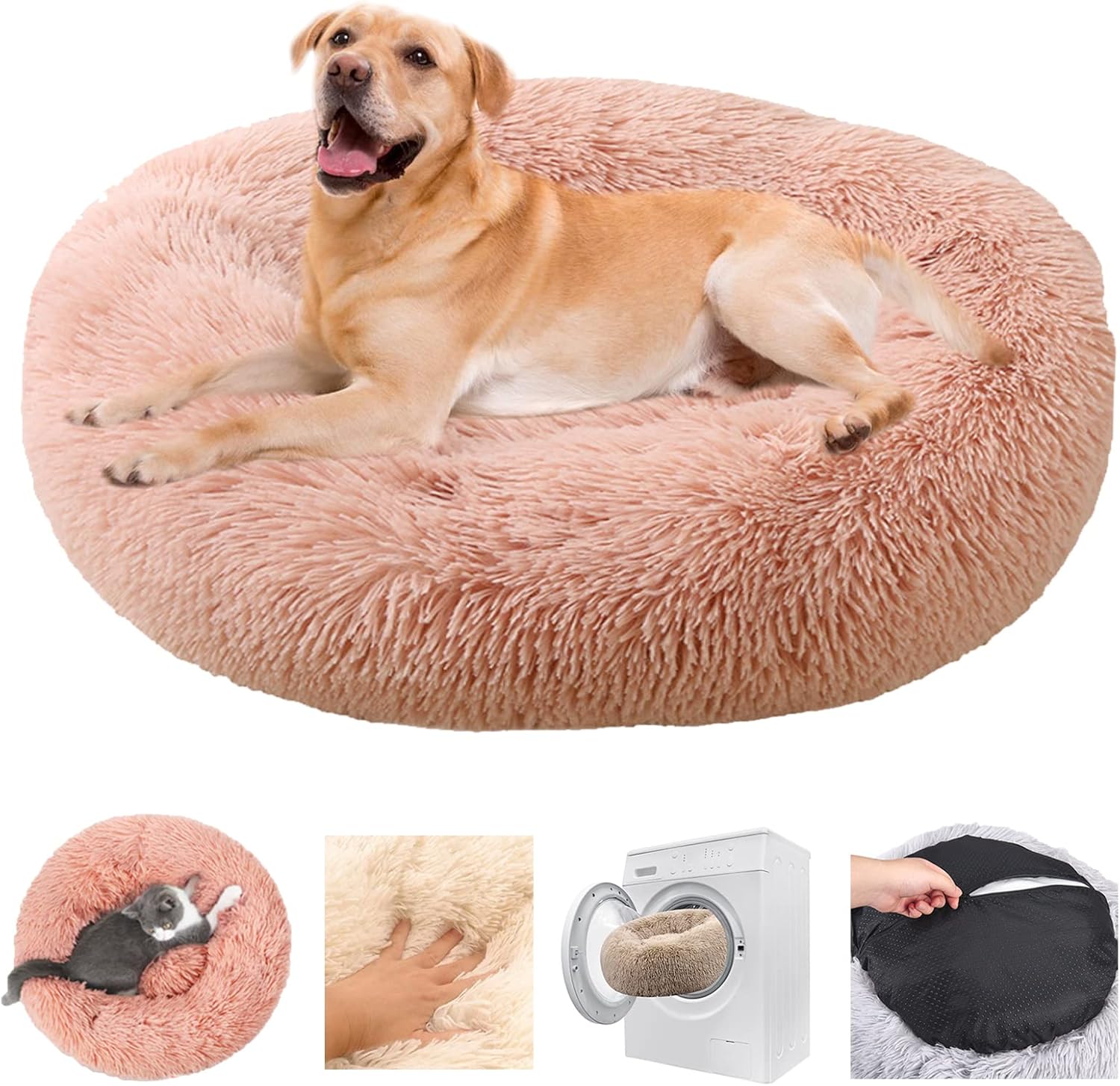 SMXIMAD Cama para Gato Perro Redonda, Cama para Mascotas Donut Suave de Felpa Cómoda Nido de Perro Gato Antideslizante Casa Gato Retirable Lavable Antiestres Cama Perro- Leather Pink|| M-60cm/23.6in