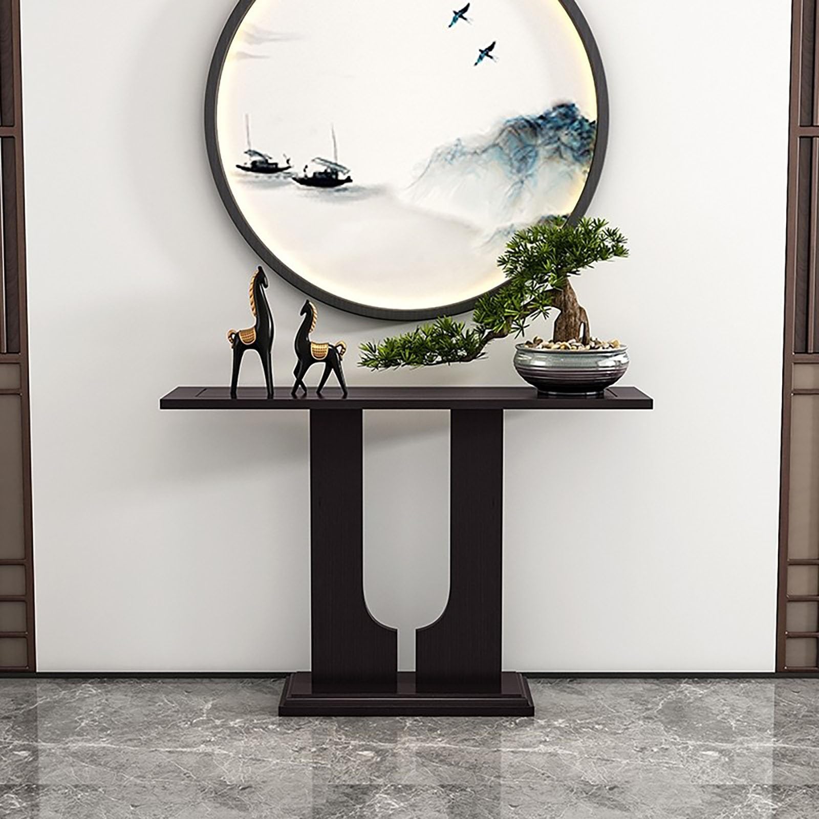 Tavolo consolle industriale a forma di U con contenitore, tavolo da ingresso in legno massiccio per ingresso, ufficio, decorazione per la casa