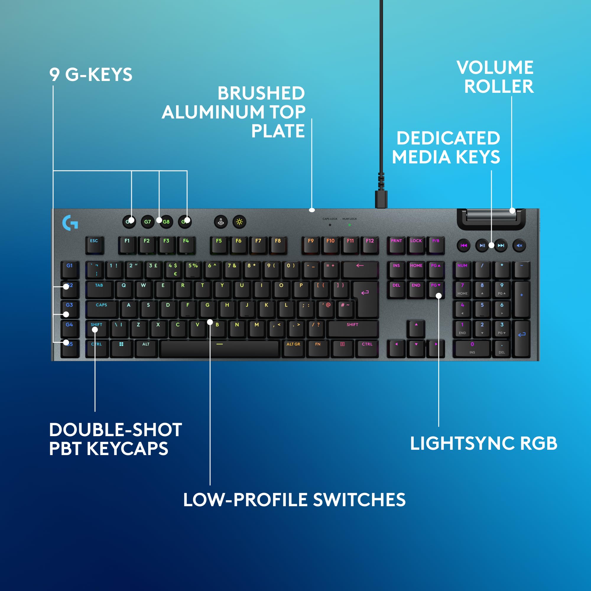 Logitech G G915 X Low-Profile Wired Mechanical Gaming Keyboard, Double-Shot PBT Keycaps, Fully Programmable Keys, RGB Lighting, Aluminum Finish, GL Brown Tactile Switches - PC/Mac, QWERTY UK - Black — view 6