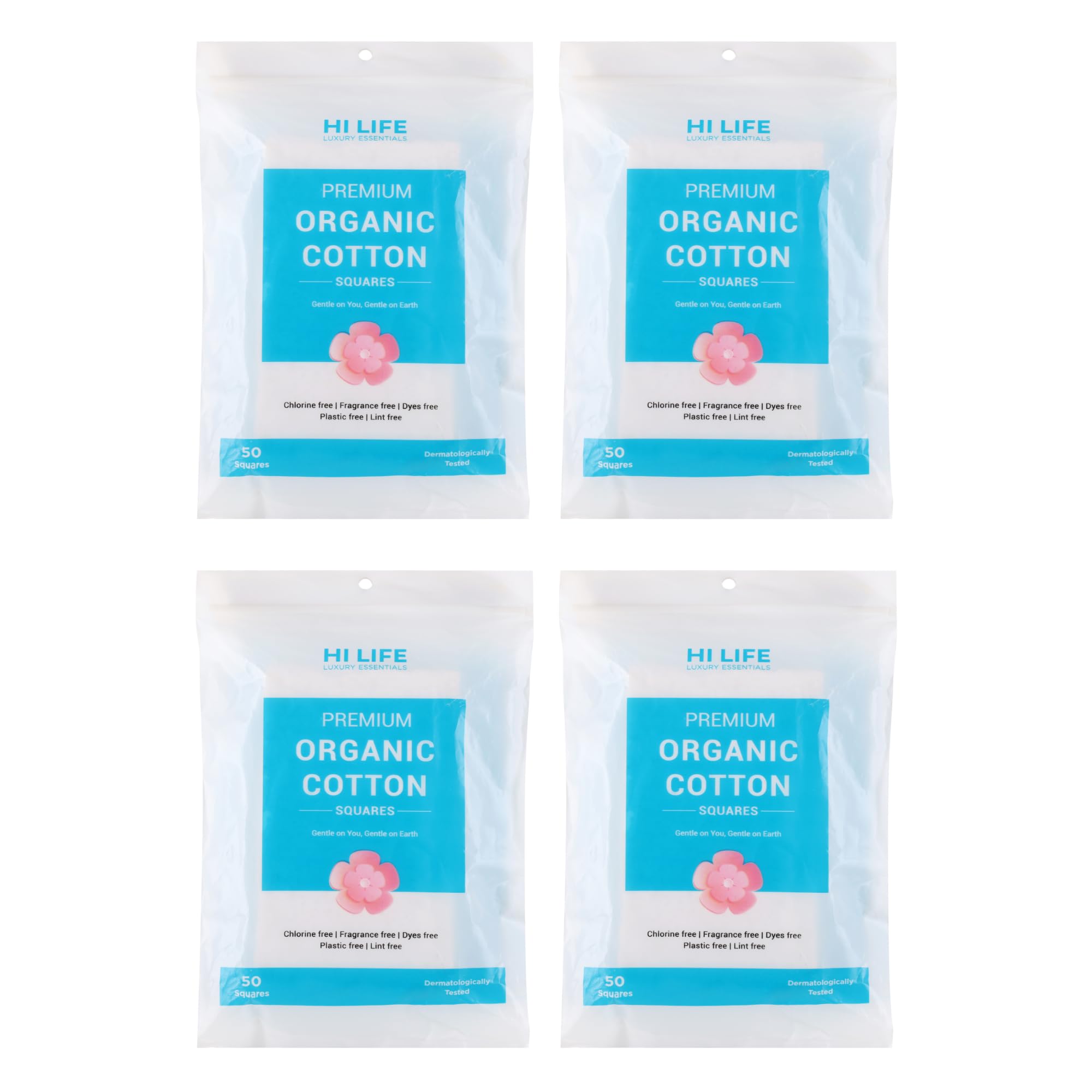 Hi Life Premium Organic Square Cotton Makeup Remover Pads Makeup Remover Face Cleaning Wipes-Square 200 Pads-Pack Of 4 - Makeup Remover Cotton Pads | Makeup Remover Wipes for face | Makeup Remover Swabs | Cotton Swabs for Makeup | Cotton Swabs for face cleaning