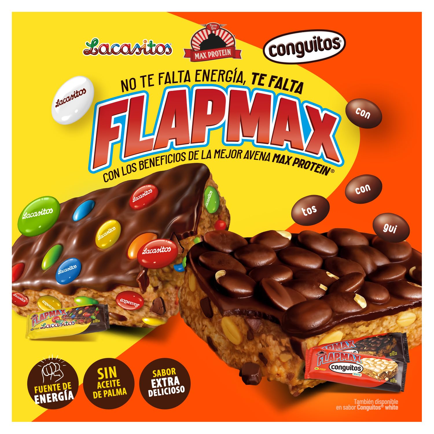 MAX PROTEIN - Barritas Energeticas FLAPMAX Conguitos Dark - Pack 20 Barritas x 80 gr - Barritas de Avena y Cacahuetes con Conguitos - Barrita Pre Entrenamiento o Sustitutivas