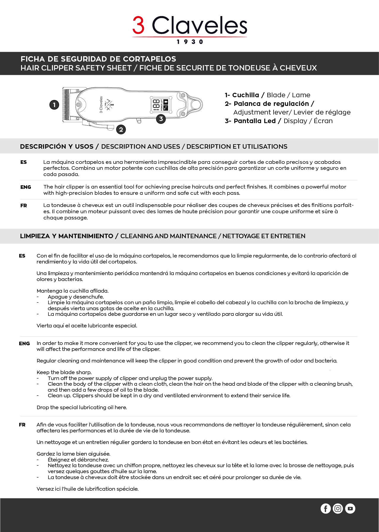 3 Claveles - Macchina tagliacapelli professionale senza fili, schermo LED, rasoio rasatura - tagliacapelli, parrucchieria, barbereria, metallo