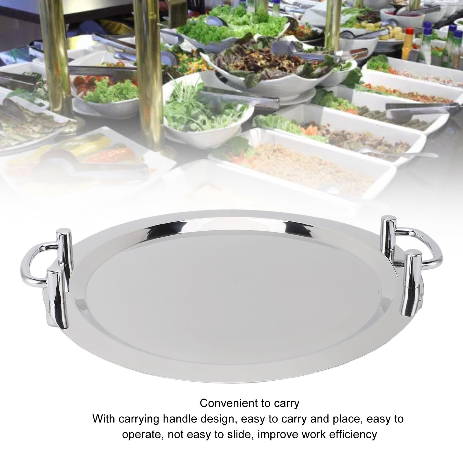 Hztyyier Bandeja de Acero Inoxidable, Bandeja de Metal Multifunción con Asa, para Eventos de Buffet y Catering (Forma Redonda con Mango Plateado, 43 cm.)