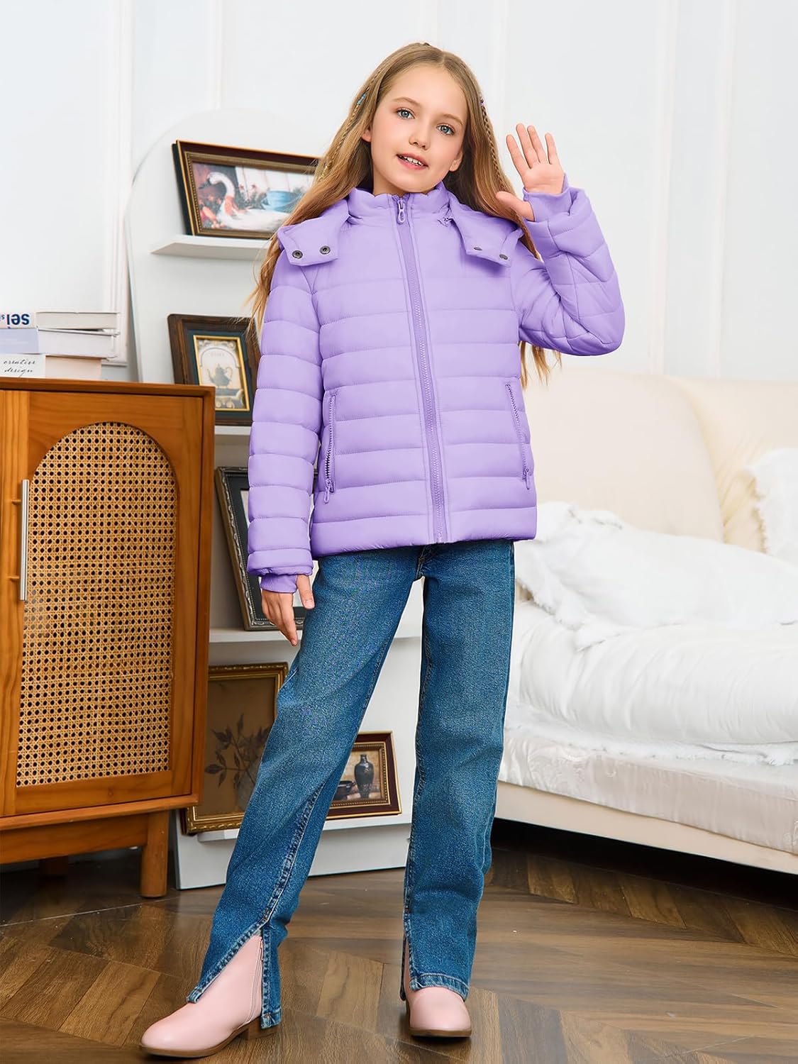 Haloumoning Girls Hooded Puffer Jacket Kids Winter Quilted Down Coats with Zipper Pockets 5-14 Years - Image 5