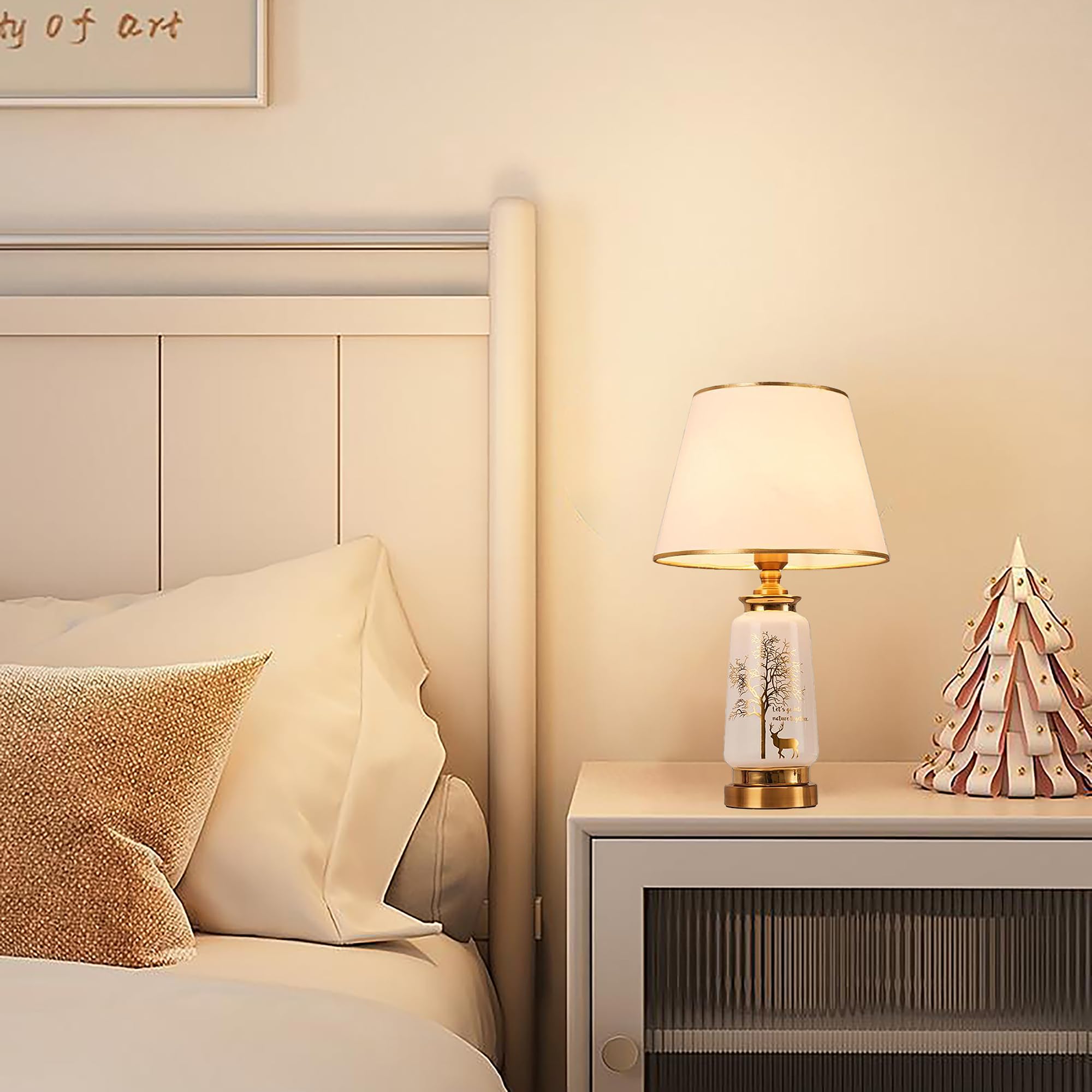 XINYASEE Lampe de table en céramique peinte, lampe de chevet rétro avec abat-jour en tissu,lampe de bureau, llampe à poser pour la chambre à coucher et le salon E27 (Blanc)
