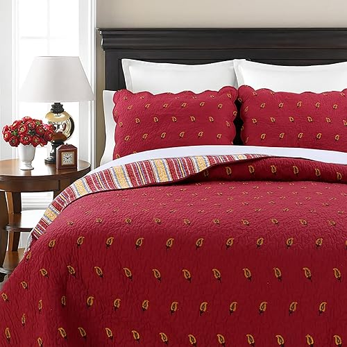 Miniatura 4 de Cozy Line Home Fashions Juego de ropa de cama reversible 100% algodón de cachemira rojo burdeos, colcha (cachemira granate, King, 3 piezas)