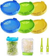 Plastic Sprouting Lids, 6 Pieces Mason Jar Wide Mouth Sprouting Lids with 2 Cleaning Brush, Drainage Jar Lids for Bean Sprouts, Broccoli, Mung Beans, Seeds Cultivation.