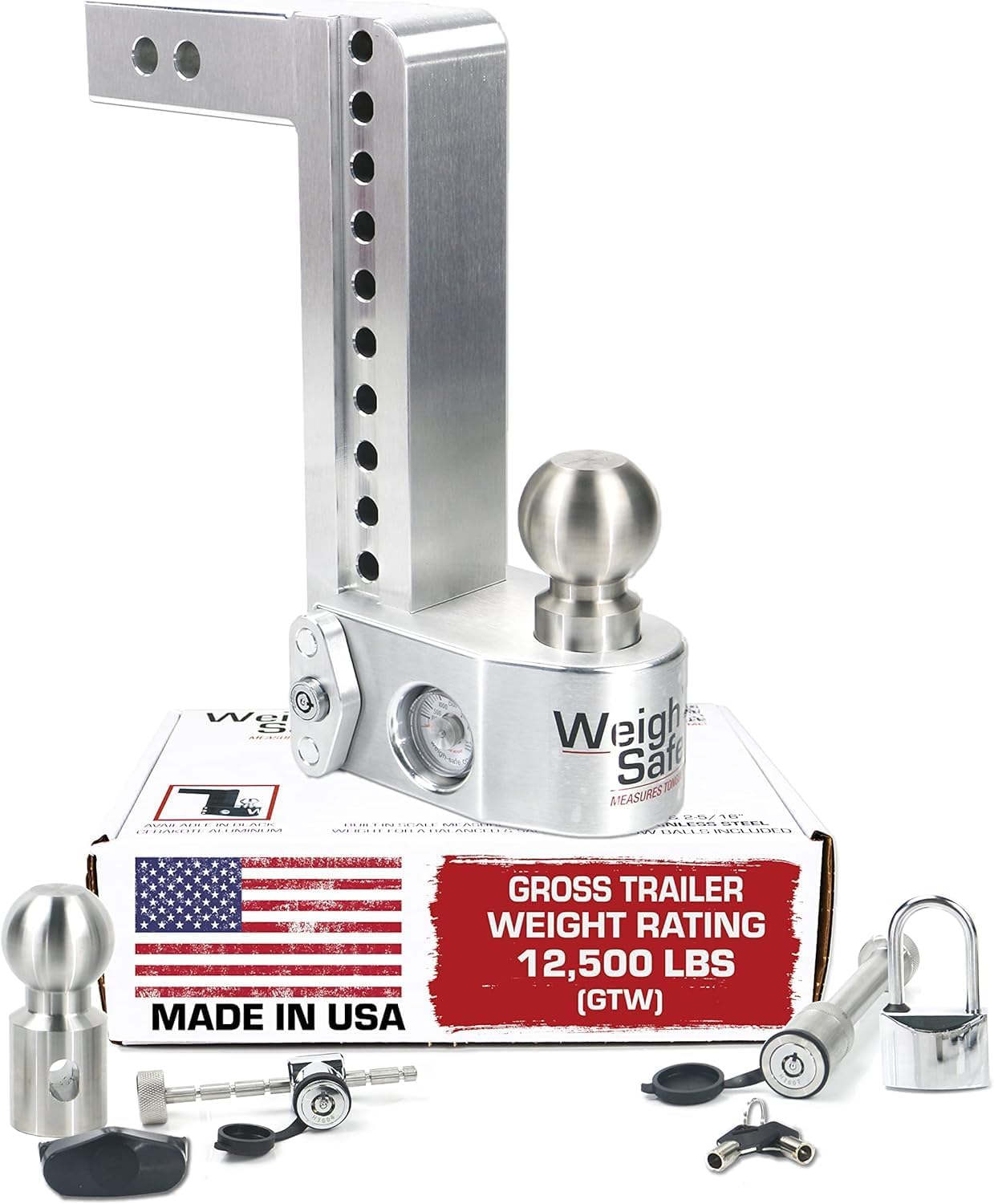 Weigh Safe Adjustable Trailer Hitch Ball Mount - 10" Drop Hitch for 2" Receiver w/ 4 pc Keyed Alike Lock Set, Premium Aluminum Trailer Tow Hitch w/Built in Weight Scale for Anti Sway, 12,500 lbs GTW