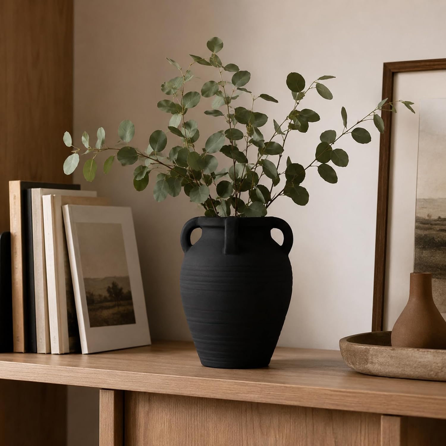 Handmade Black Terracotta Vase, 8.2" Tall with 4 Ears, Wide Mouth Ceramic Vases, Vintage Farmhouse Vase, Rustic Antique Matte Finish Decor Vases for Home, Living Room