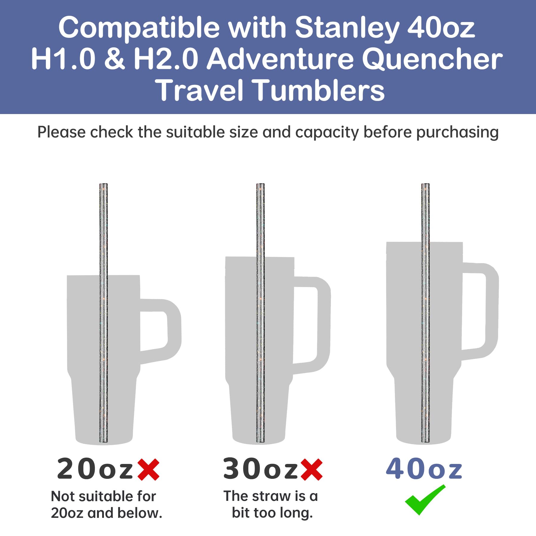 NiHome 12-Pack Glitter Replacement Straws for Stanley Tumbler 40OZ & 2 Cleaning Brushes Set - Image 3