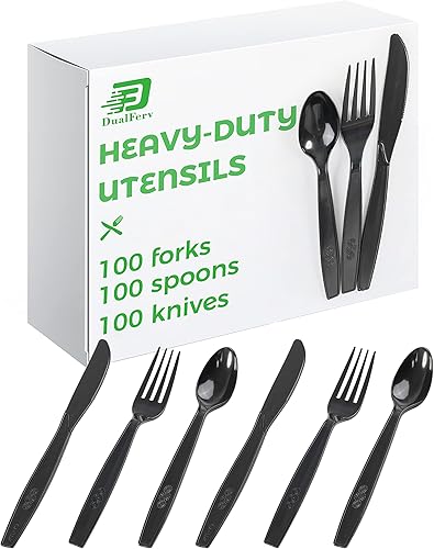 Juego de 300 utensilios de plástico negro 100 tenedores de plástico 100 cucharas de plástico 100 cuchillos de plástico tenedores de plástico