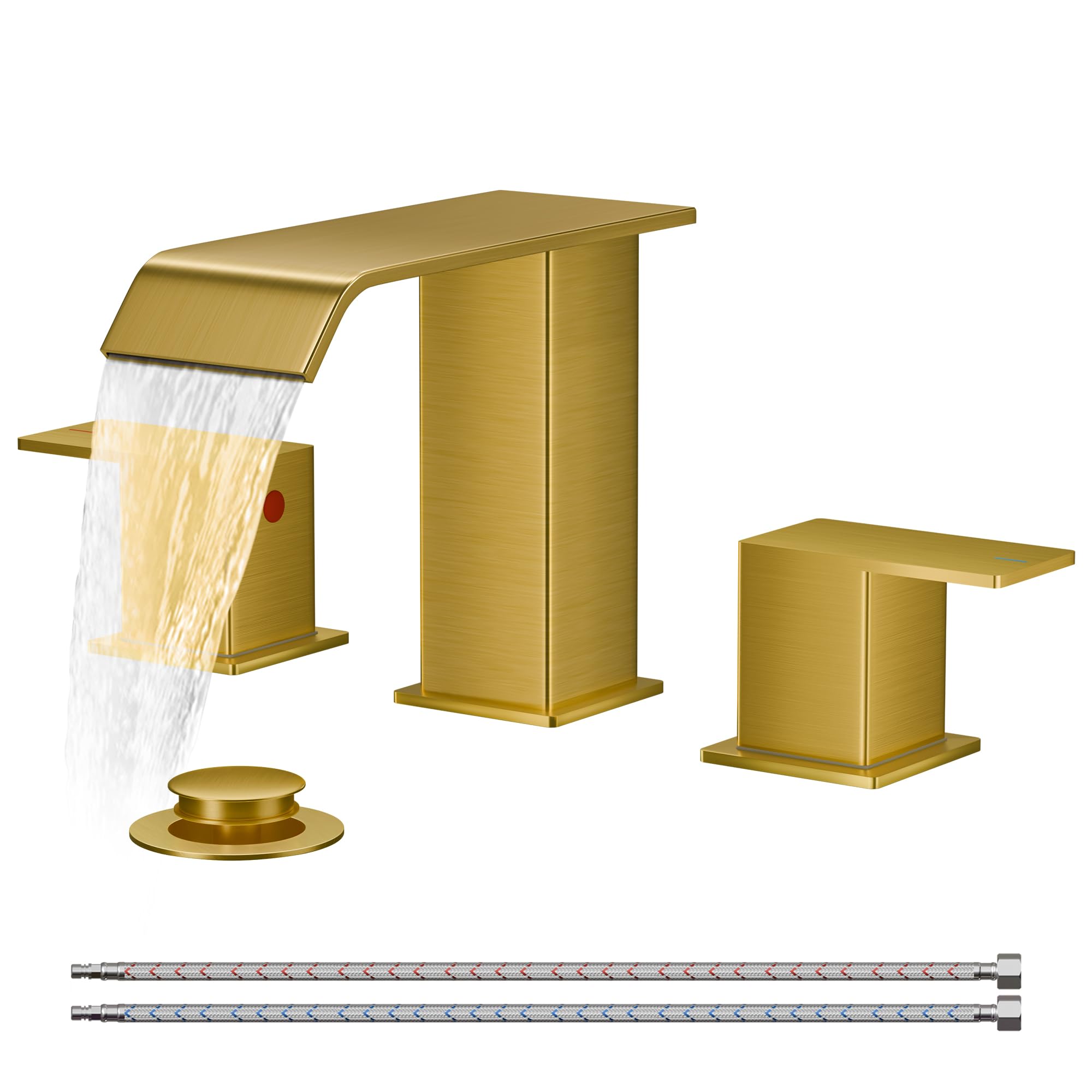 FORIOUS Brushed Gold Bathroom Sink Faucets 3 Hole Widespread 2 Handles Bathroom Faucet with Pop-up Drain and Flexible