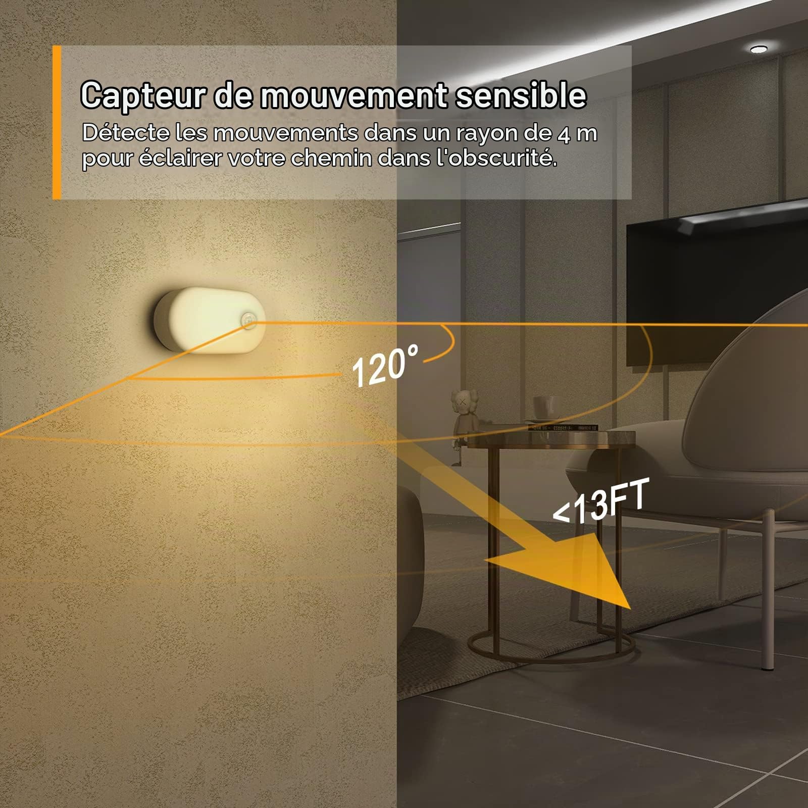 Lyridz Lot de 4 veilleuses rechargeables à coller n'importe où avec détecteur de mouvement Blanc chaud 1-20 lm LED avec crépuscule à l'aube, escaliers, couloir