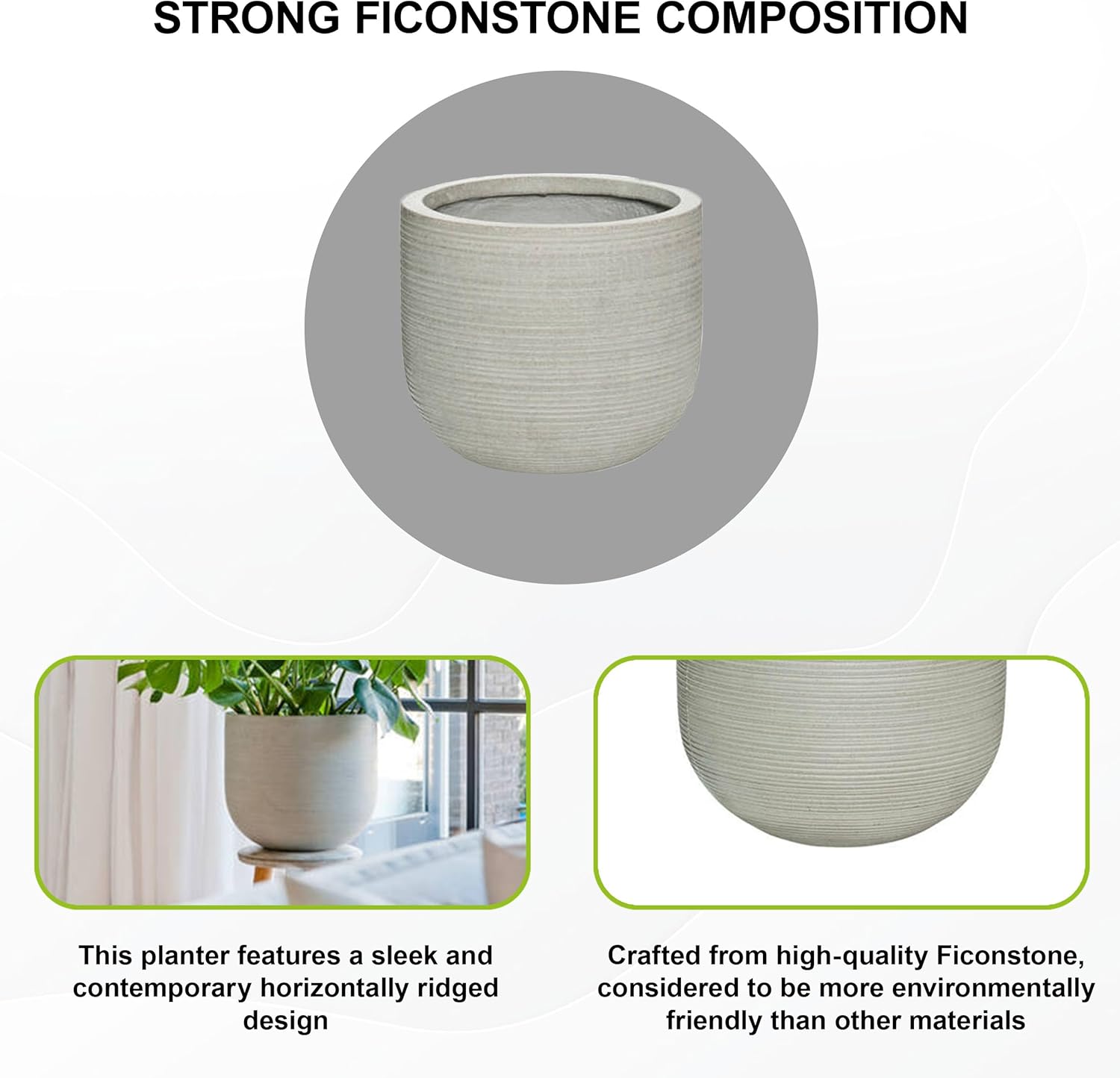 Elegant Ridged Ivory Grey Flower Pot 14.5"H x 16.5"W x 16.5"L