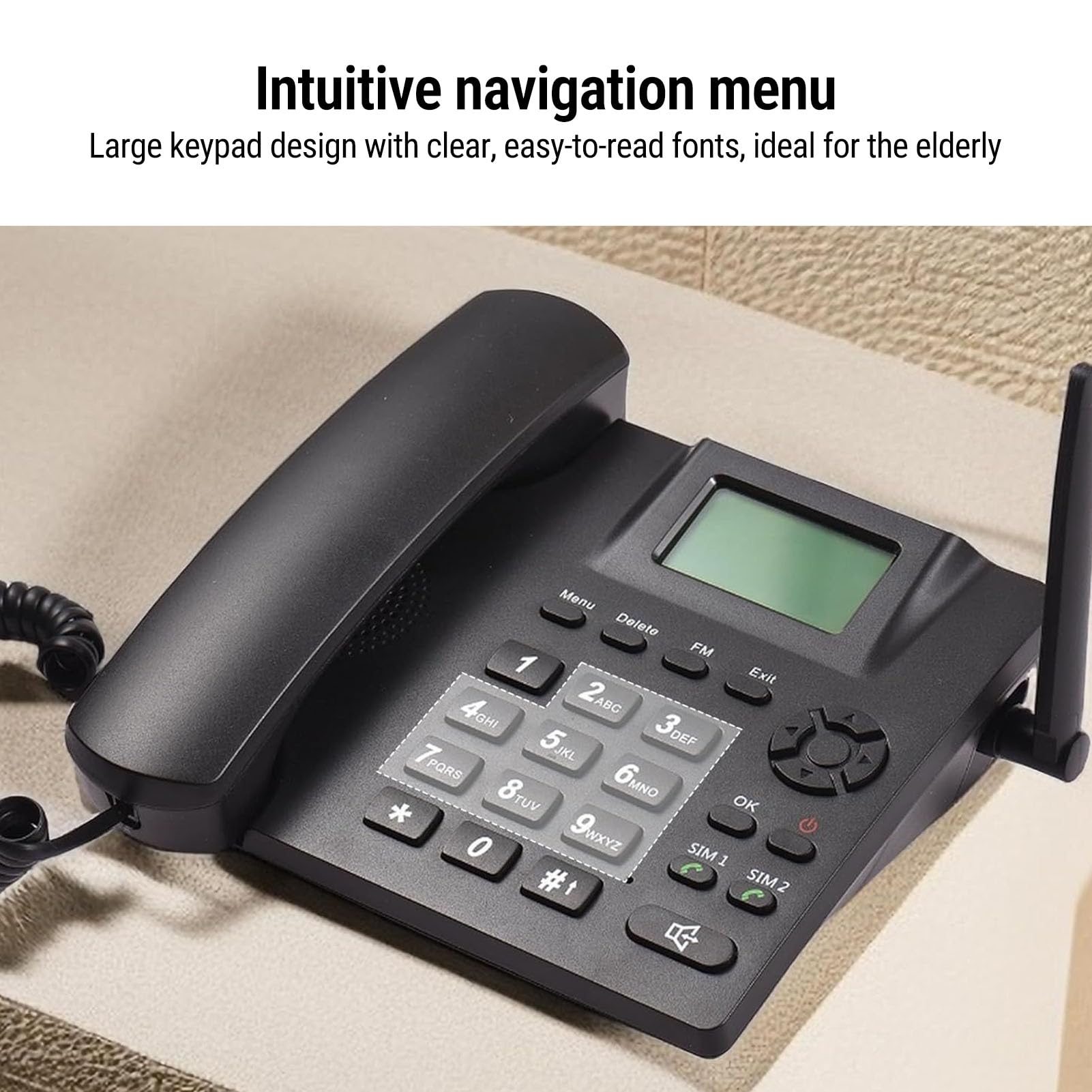 Telefono fisso cordless Dual SIM GSM 2G, nero | Telefono da scrivania con batteria integrata da 1200 mAh e funzione sveglia, rubrica da 500 contatti, ideale per la casa
