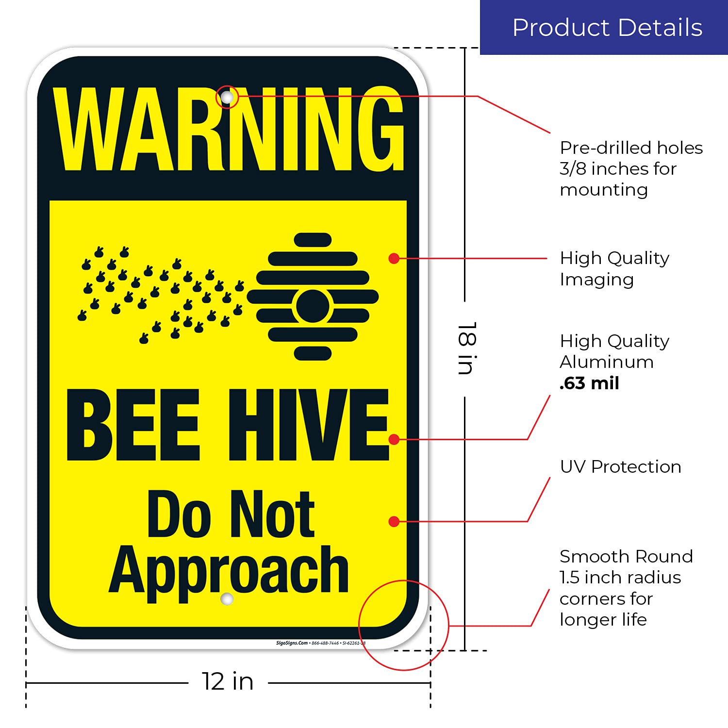 Warning Bee Hive Do Not Approach Sign, 12x18 Inches, Rust Free .063 Aluminum, Fade Resistant, Made in USA