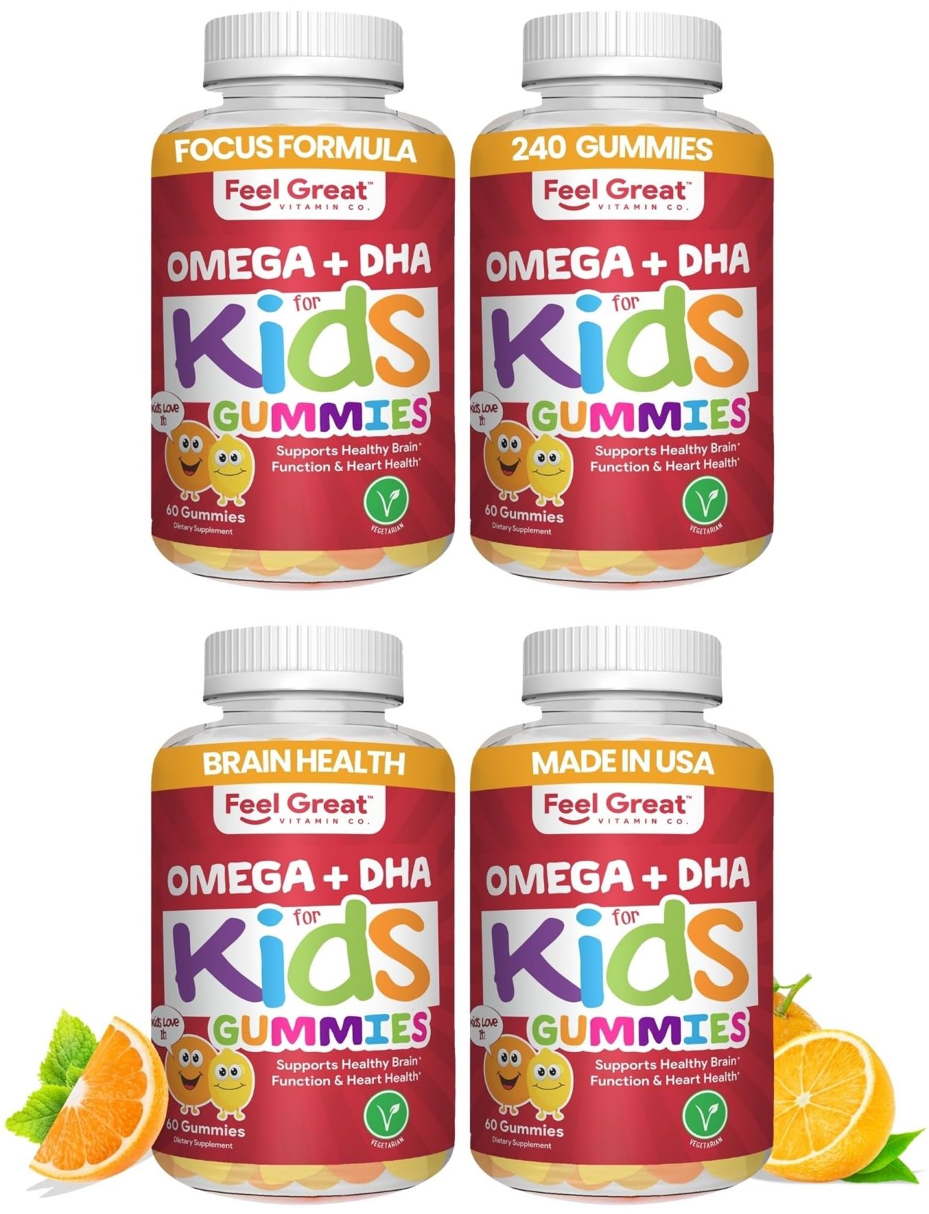 Feel Great Vitamins Kids DHA Gummies with Omega 3 6 9, Vitamin C | Supports Healthy Brain Function, Vision & Heart Health | Gluten Free, Vegetarian | 60 Gummies