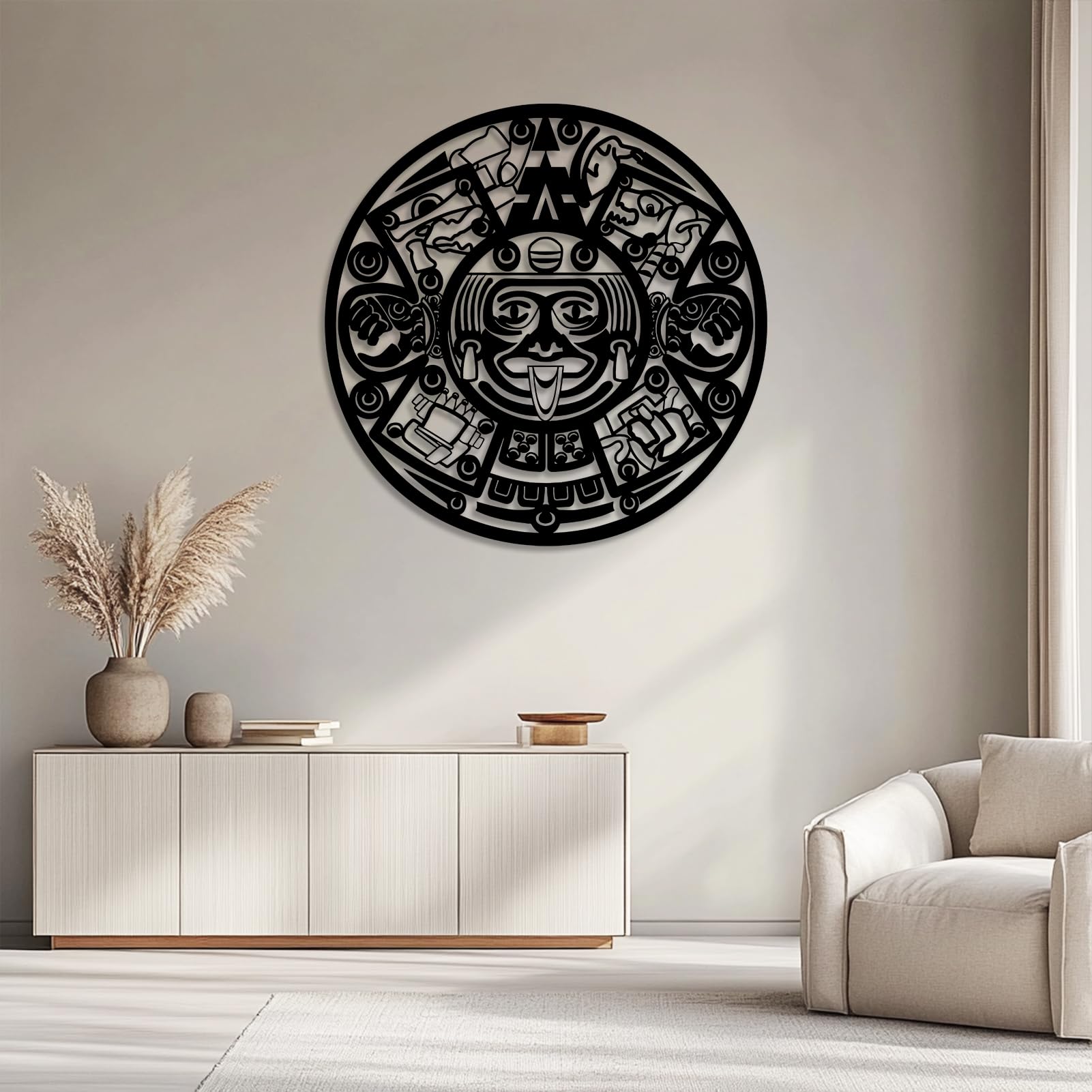 Metalowy czarny kalendarz aztecki, dekoracja ścienna z metalowym kamieniem słonecznym w stylu vintage Majów, dekoracja ścienna z kalendarzem azteckim, nowoczesna rzeźba do salonu, sypialni,