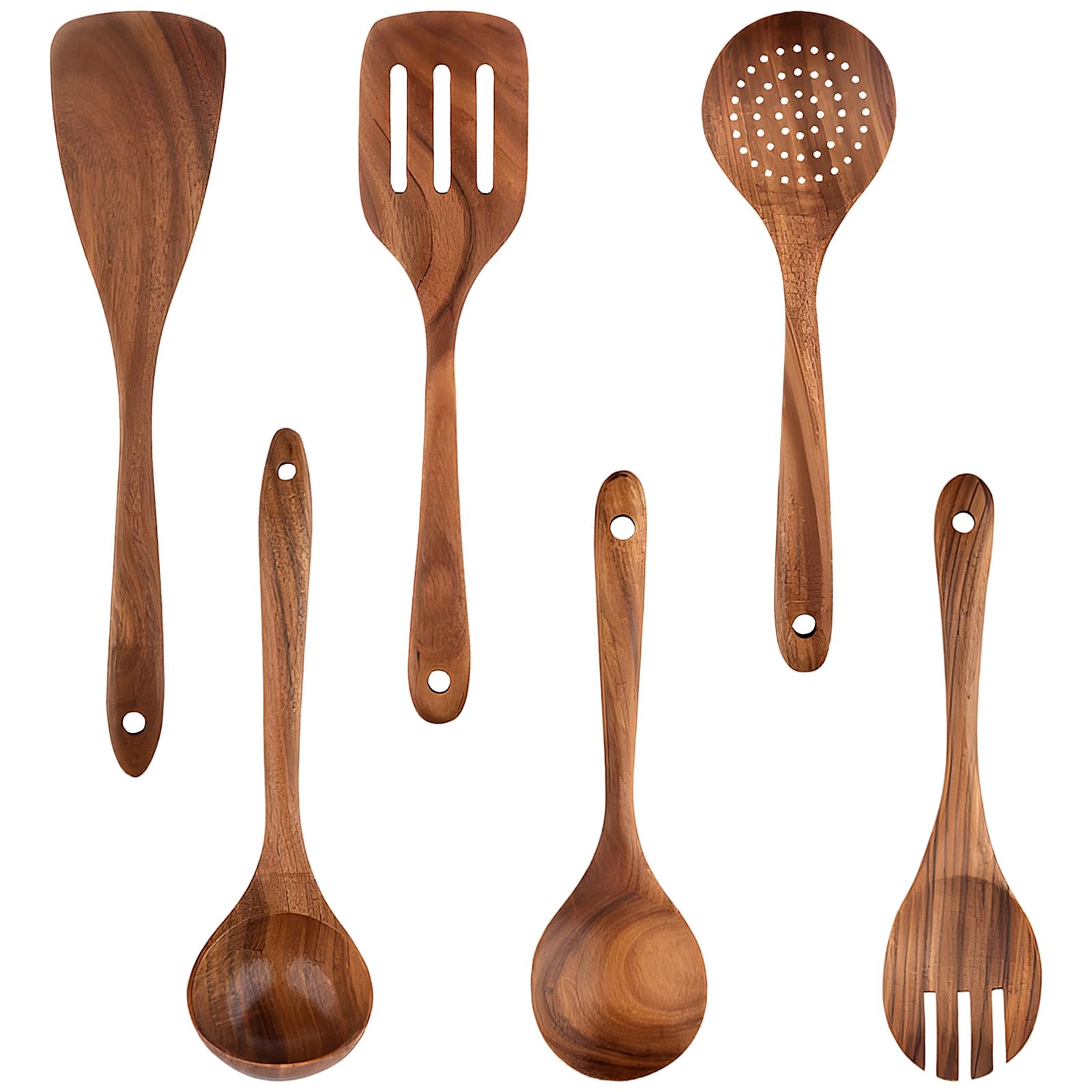 Küchenutensil-Set aus Teakholz, 6-teilig, Kochutensilien mit langem Griff, geeignet für beschichtete Pfannen, mit Wendern, Löffeln und Kelle, für Kochen und Küchenbasics im Alltag