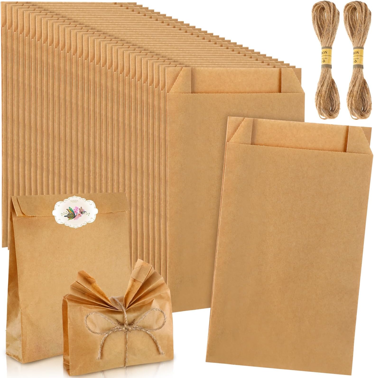 Fulmoon 100 Pieces Soap Paper Bags, 5'' x 8'' Kraft Paper Bags for Packaging Soap Making Wrappers with 394 In Jute Ropes for Candy Lipstick Gift Crafts Merchandise Wedding Gift Wrapping (Solid Color)