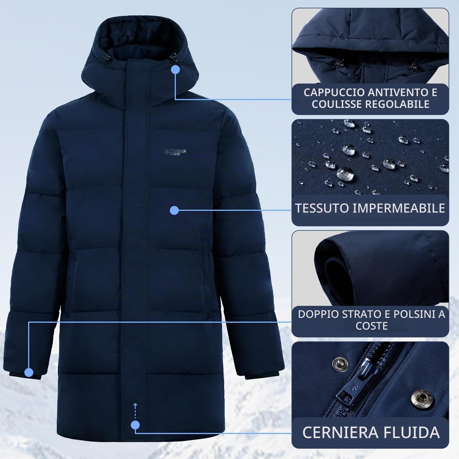 Pioneer Camp Giacca invernale da uomo, lunga, antivento, impermeabile, calda, invernale, parka con cappuccio