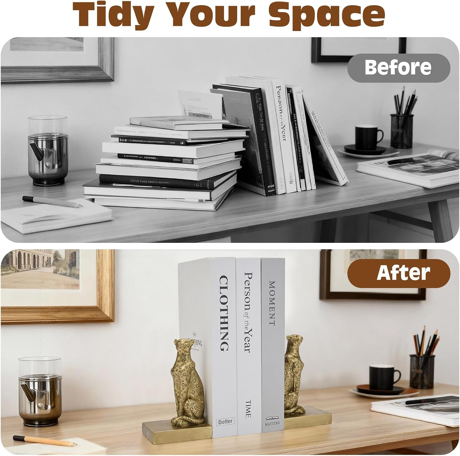 Gold Cheetah Bookends, Book Ends for Shelves to Hold Books Heavy Duty, Creative Resin Book Holders for Home Farmhouse Shelves Office Lover Gift