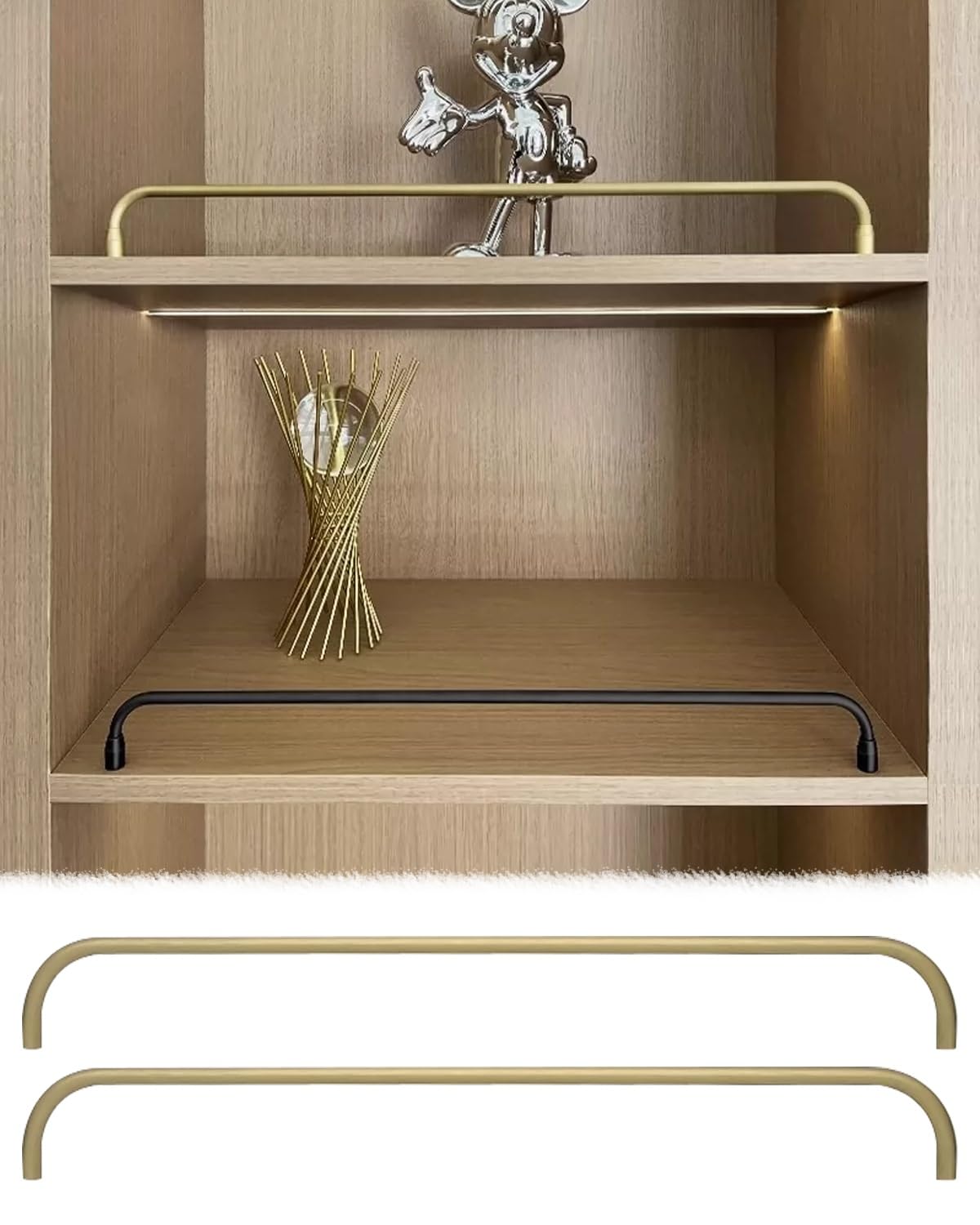 MESCXTY 2 Pack Shelves Guardrail Bars for Tipping, Cabinet Shelf Gallery Tipping Railing, Bookcase Tube Barrier Kit Easy Install, Shelving Bracket(Gold-B,26in/66cm)