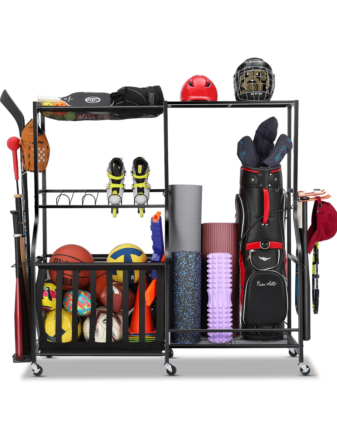 extcct garage sports equipment organizer with wheels - golf bag storage rack and ball storage bins, heavy duty rolling garage organizer system with basket and hooks for indoor (black-large)