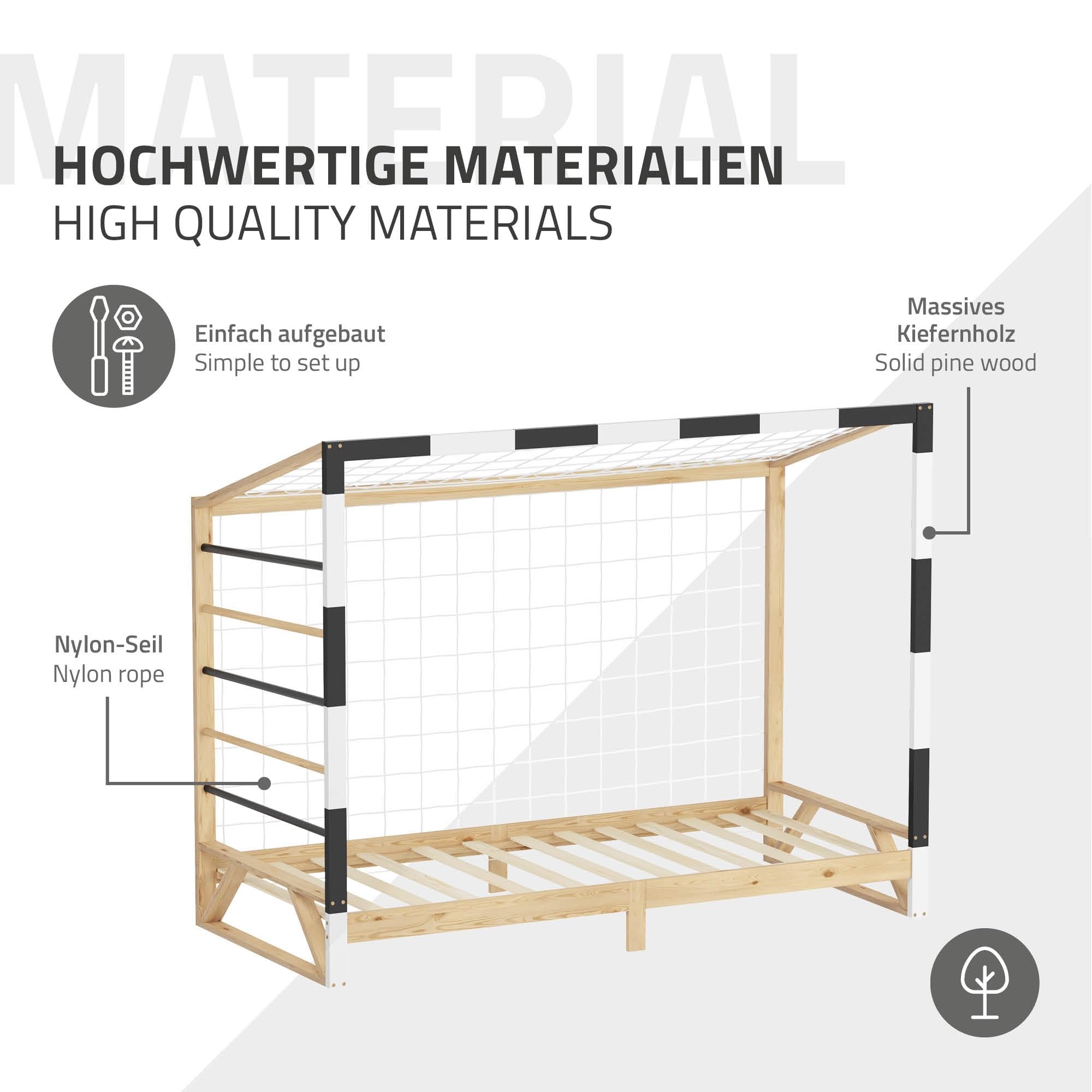 ML-Design Letto Bambini 90x200 cm in Pino Naturale, Struttura a Forma di Porta da Calcio Pallamano Bianco Nero, Rete a Doghe e Scala, Letto Singolo Sportivo, Lettino Basso per Cameretta